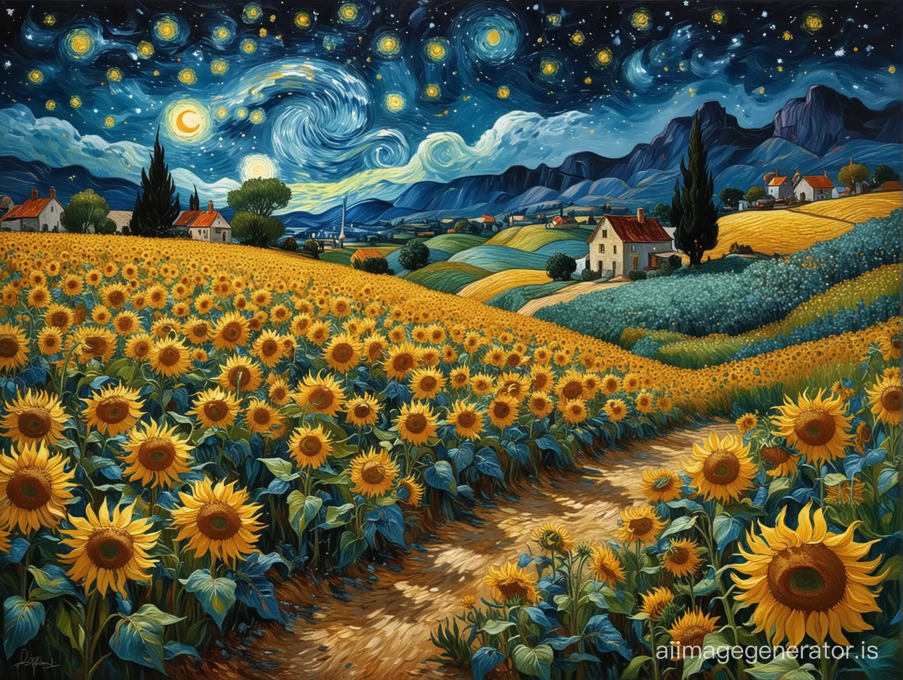 a high-quality symbiosis of van Gogh's "Starry Night" and "Sunflowers" paintings with bright colors and swirling strokes, with a starry night sky, a sunflower, a peaceful village and rolling hills. The scene should evoke a sense of calm and beauty, with a touch of impressionism and expressionism. Colours should be rich and bold, with quality similar to sleep. The general composition should be balanced and harmonious, reflecting the essence of the landscape, which is felt both habitually and otherworldly. The image should be detailed, with intricate textures and layers that add depth to the painting. This work should be suitable for gallery display, showcasing the beauty of nature in a unique and fascinating way.