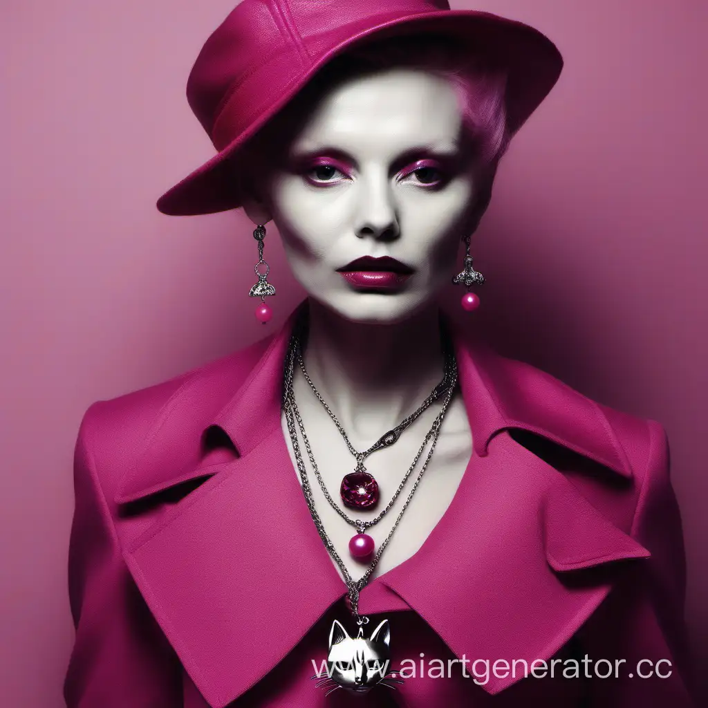 Elegant-Cat-Adorned-in-Vivienne-Westwood-Necklace-Dark-Pink-Fashion-Portrait
