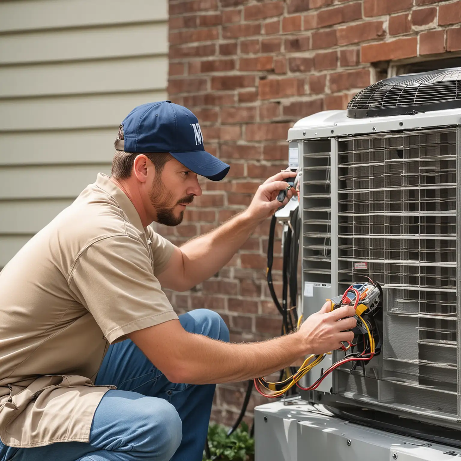 Create an image of a professional American hvac technician from north Georgia installing or working on an HVAC unit at a customers home. 
