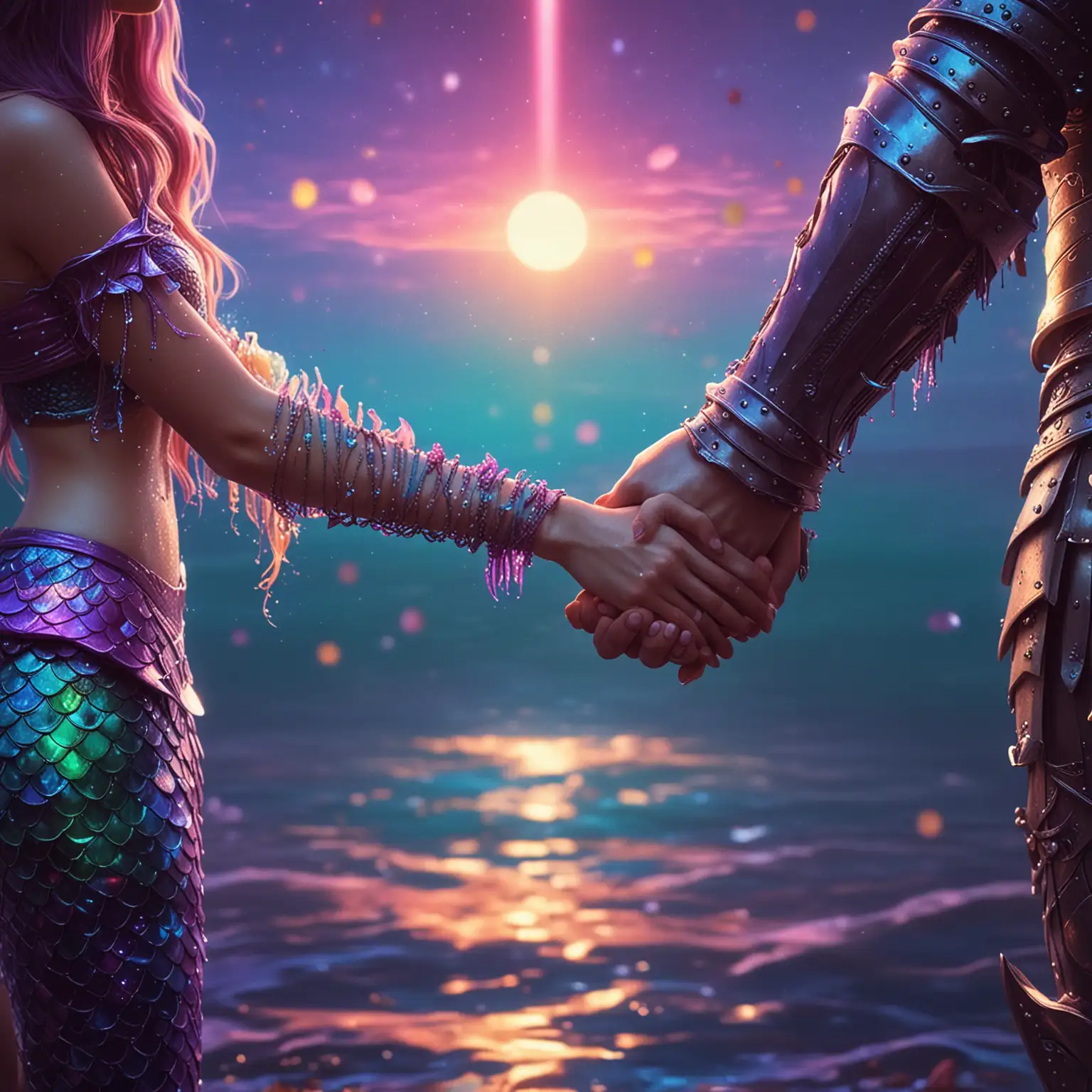 random forms, creative, multicolor background, bokeh:2, neon style,  realistic, mermaid holding hands with a knight