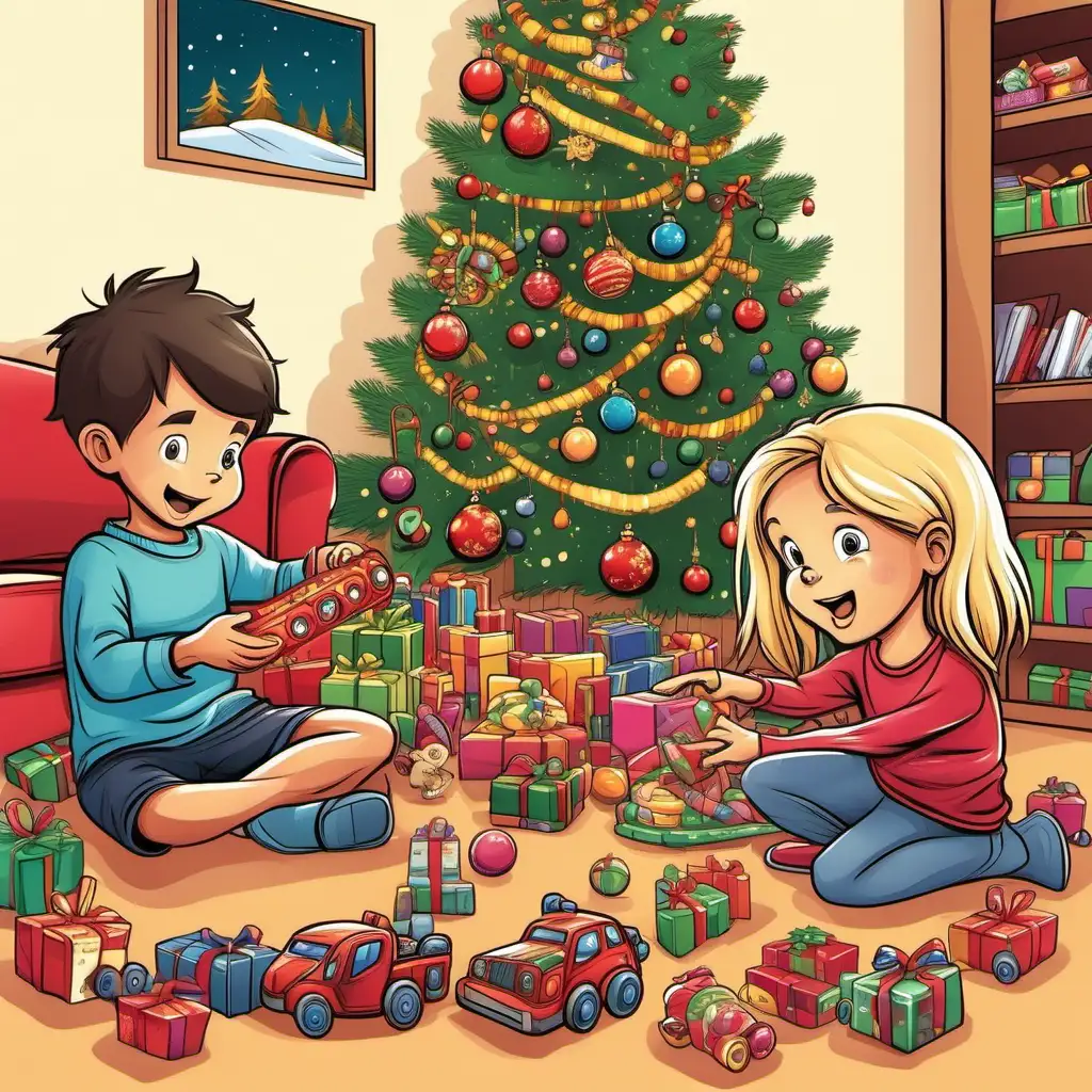 Cartoon nine year old boy, and 5 year old girl playing with toys at Christmas