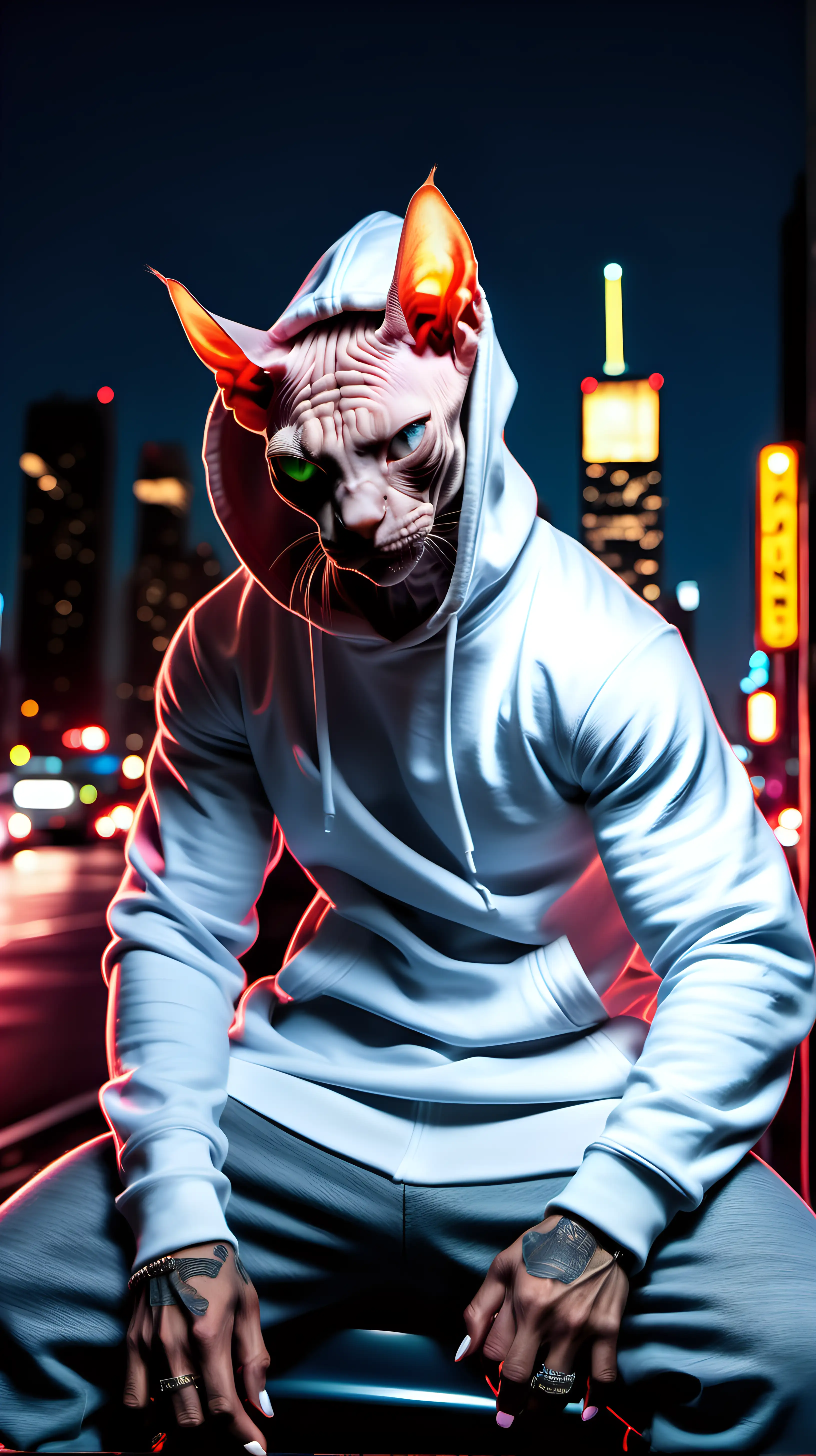 Sphynxcat on steriode, thug street life,clothing brand,big city like new york, crowdy busy futuristic city, neonlight, at night, musculaire, blink at camera, sitting on a carroof looking aggressively, give him a hoodie cut off slaves from  tve brand Jacks&Jones, sharp white nails..