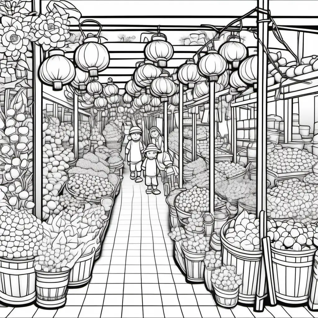 kids colouring book page, lunar new year, flower market, cartoon style, remove shading, black and white only