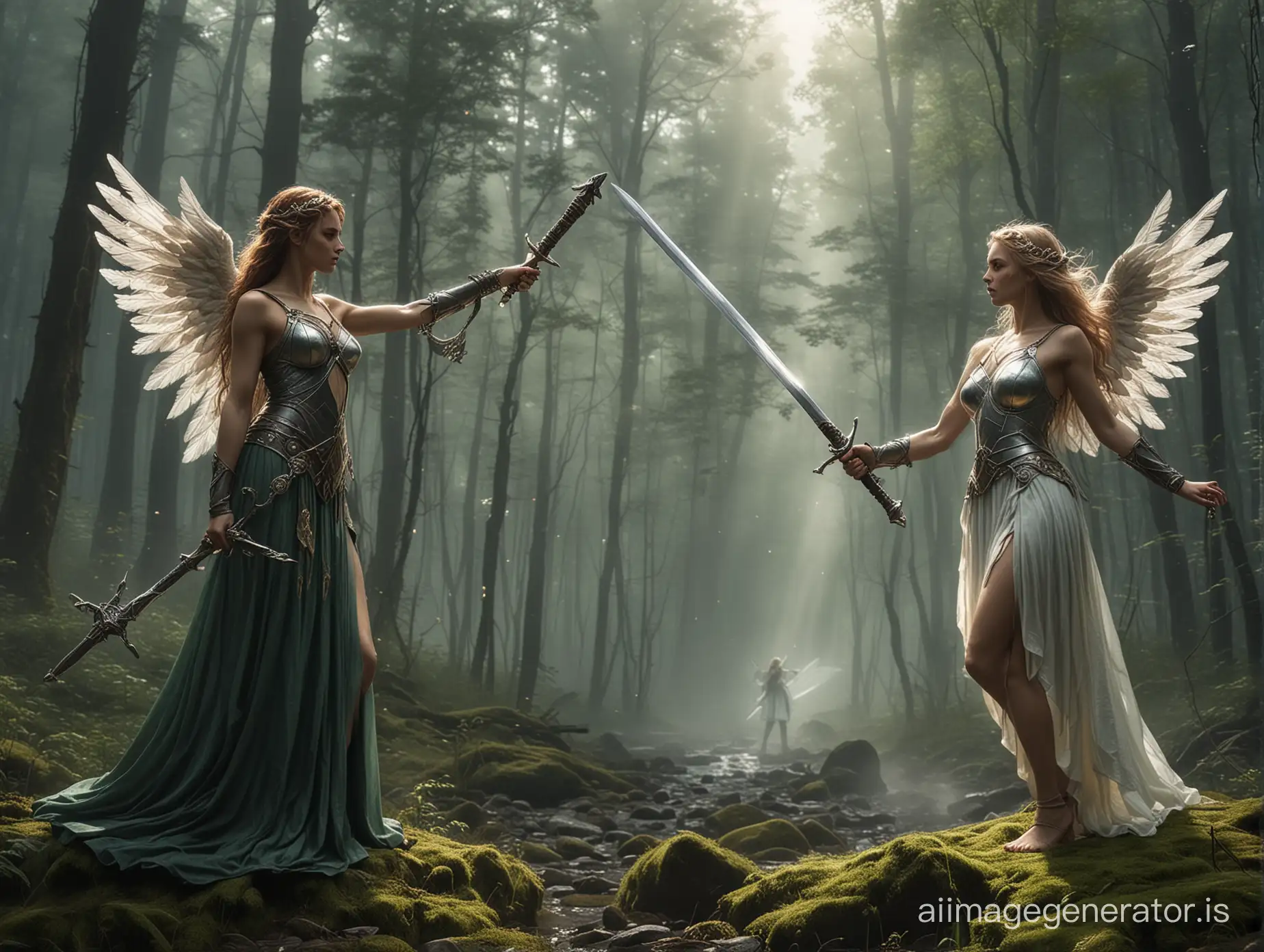 New task, against the backdrop of a mountain, make a battle between a forest nymph woman and an angel woman. The forest nymph woman to hold a forest scepter, and the angel woman a sword. The moment I want to capture is when the sword and scepter clash and sparks start to fly from them.