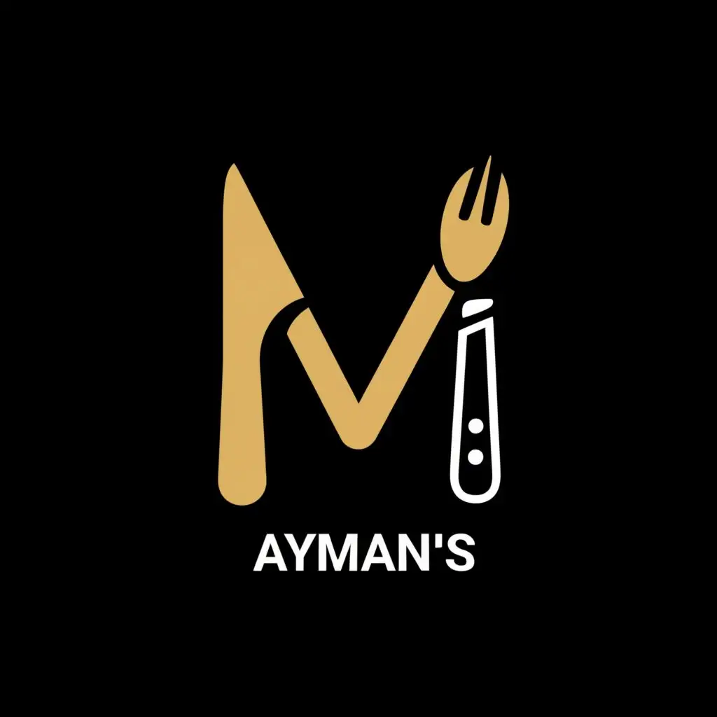 logo, Knife and fork in the m letter, with the text "Ayman's", typography, be used in Restaurant industry