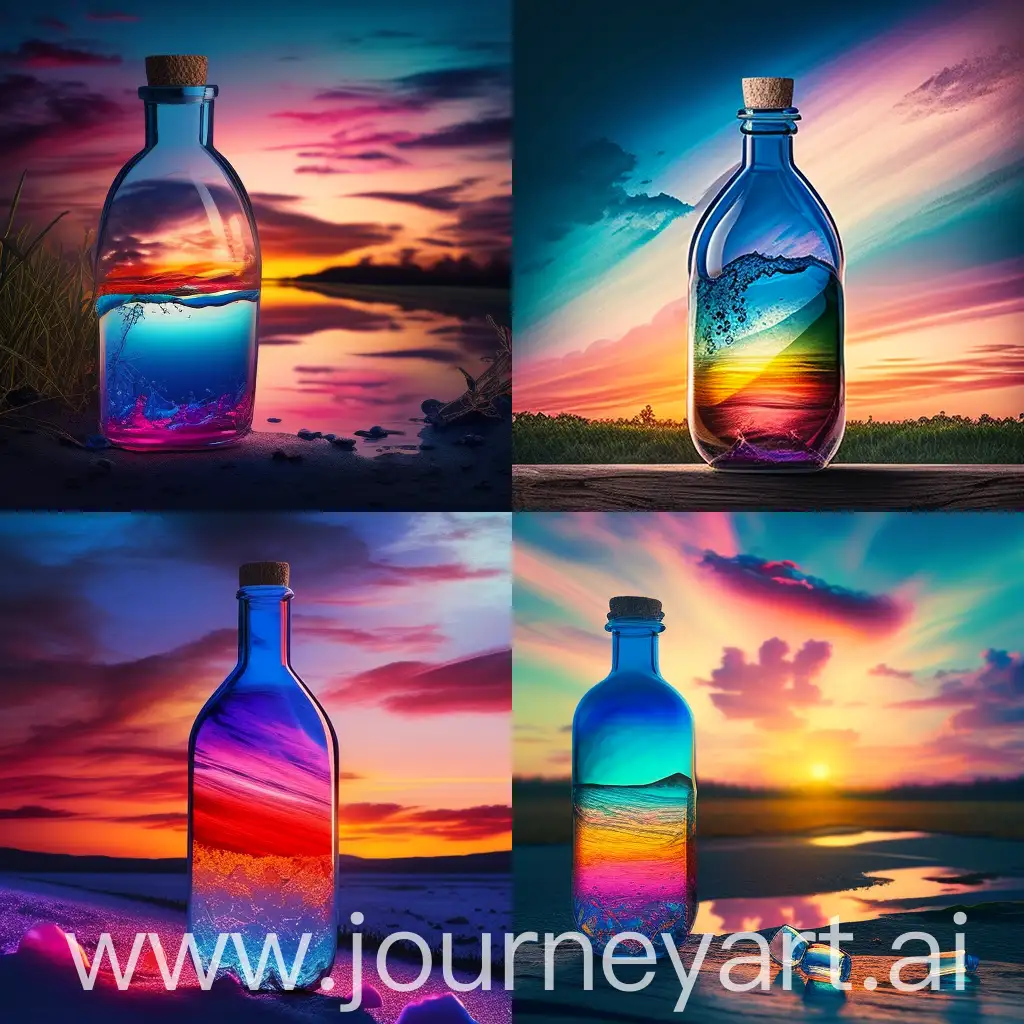 evening sunset scenery blue sky nature, glass bottle with a fizzy ice cold freezing rainbow liquid in it