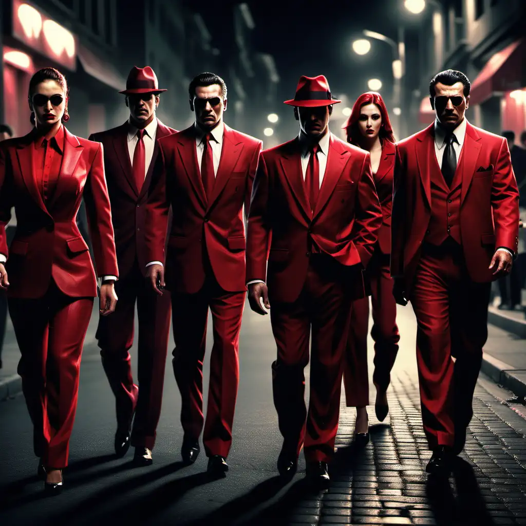 Evening Street Scene Realistic Mafia Members in Red Suits