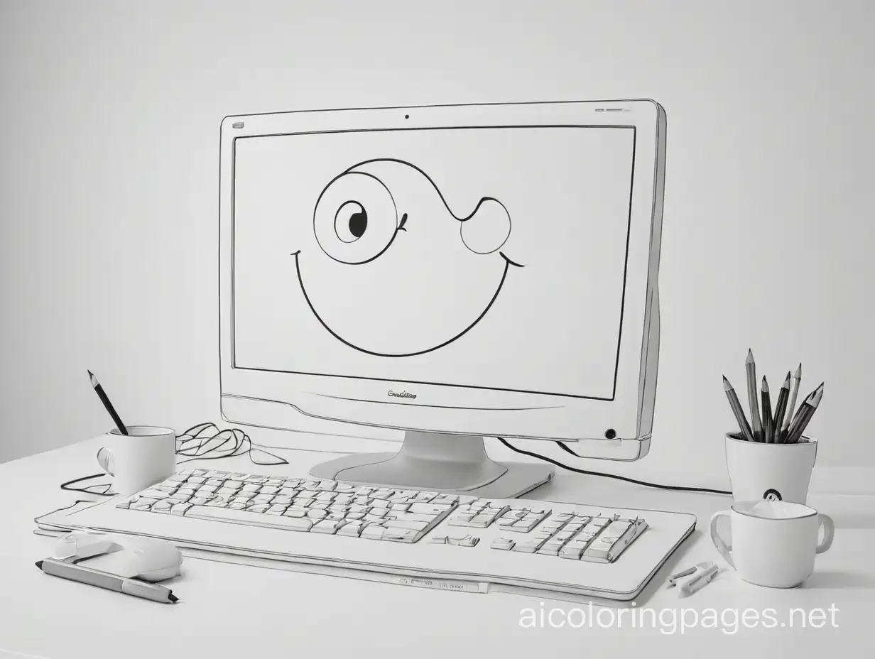 computer, Coloring Page, black and white, line art, white background, Simplicity, Ample White Space. The background of the coloring page is plain white to make it easy for young children to color within the lines. The outlines of all the subjects are easy to distinguish, making it simple for kids to color without too much difficulty