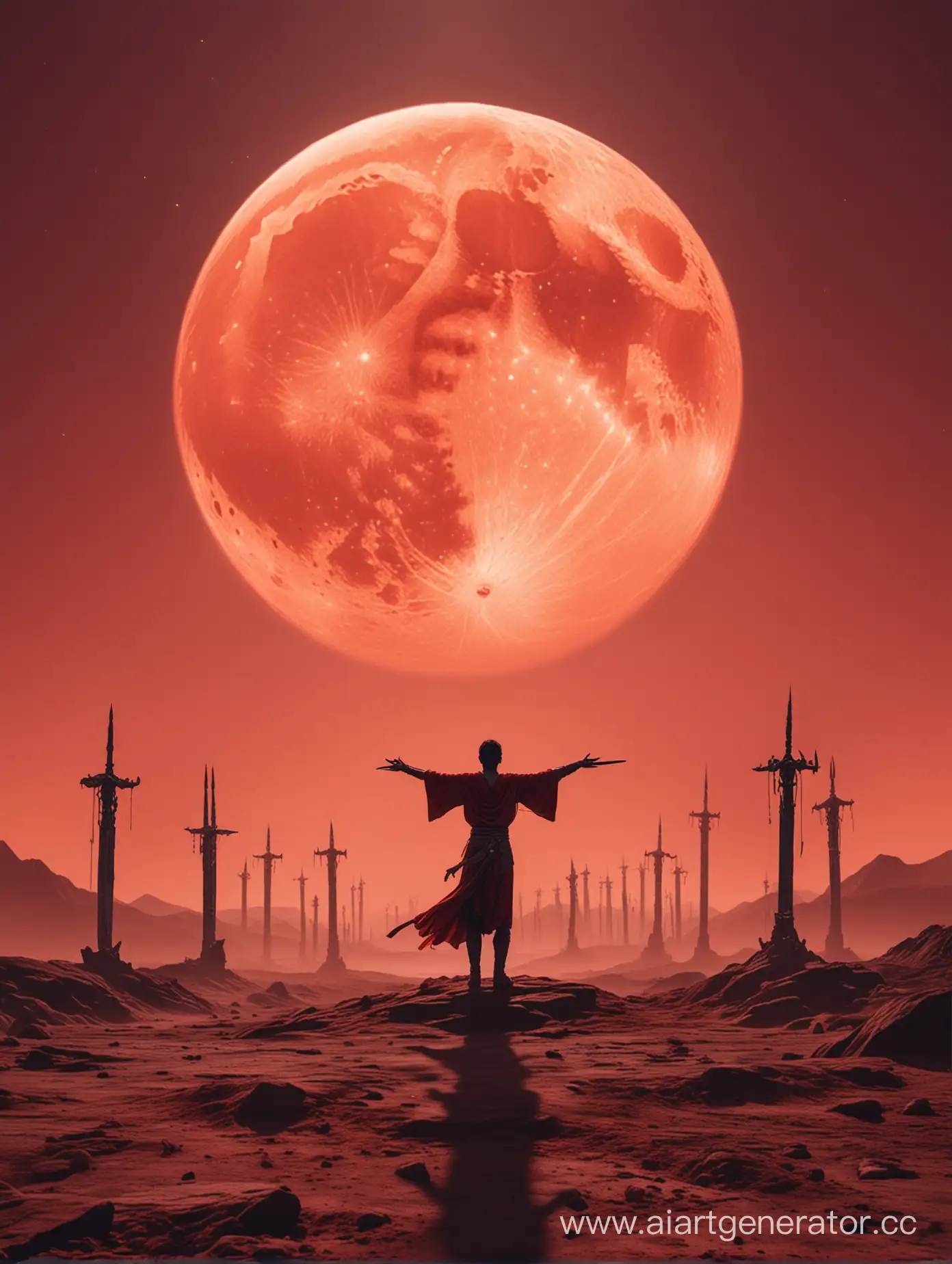 тело человека стоит на фоне огромной красной луны расправив руки в разные стороны, пейзаж видно больше, огромный меч в руке направлен вниз