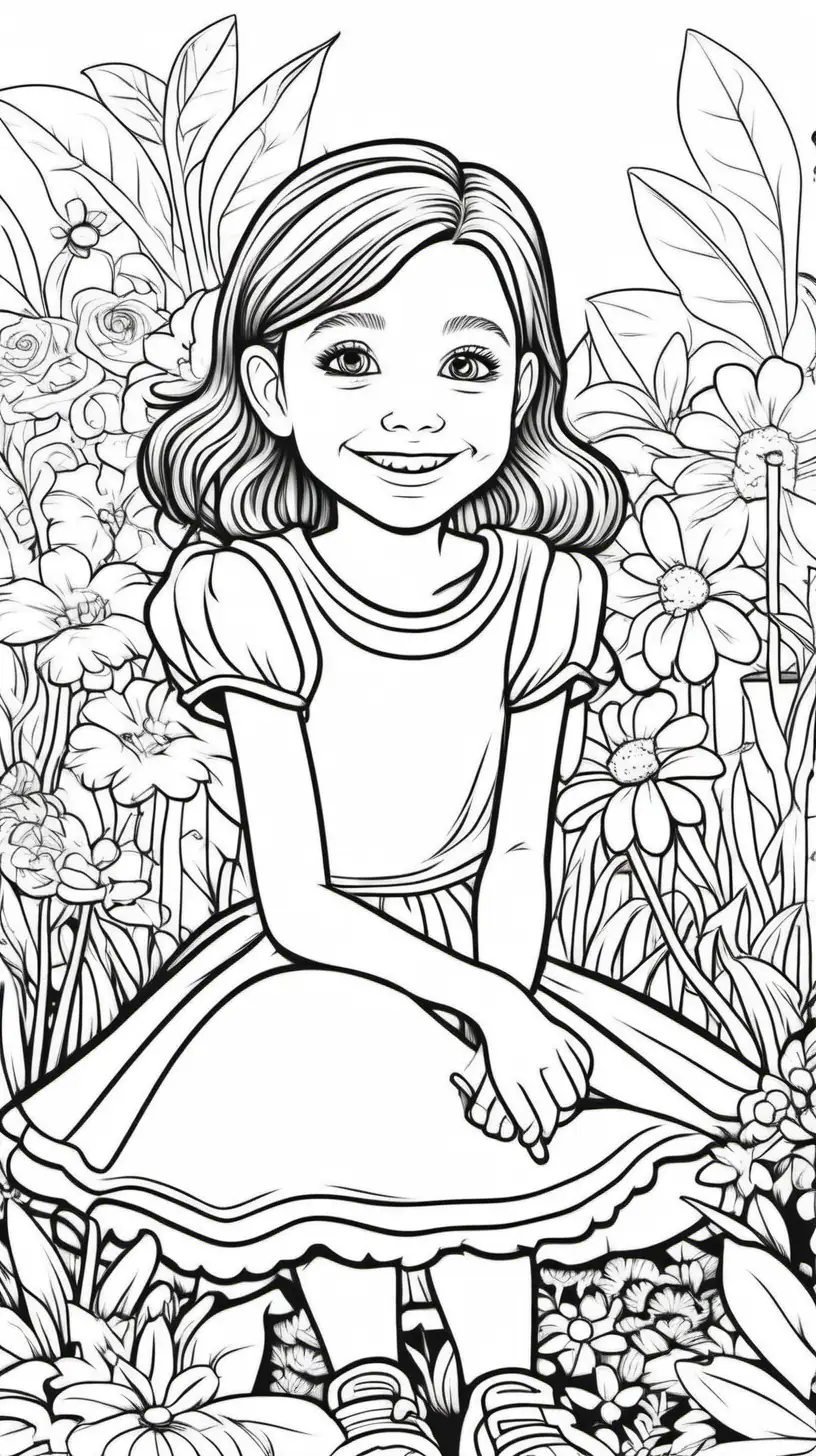 /imagine coloring book of an 8 year old girl, cartoon, sitting in the garden, smiling and happy