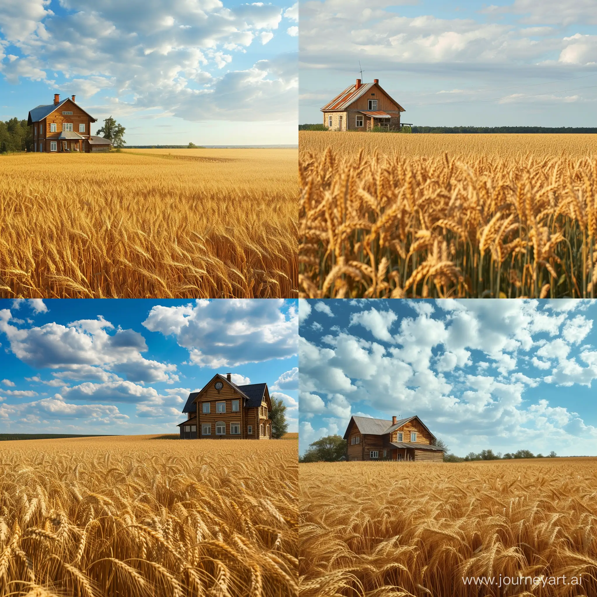 Бескрайннее пшеничное поле и сельский дом построенный в стиле поволжья