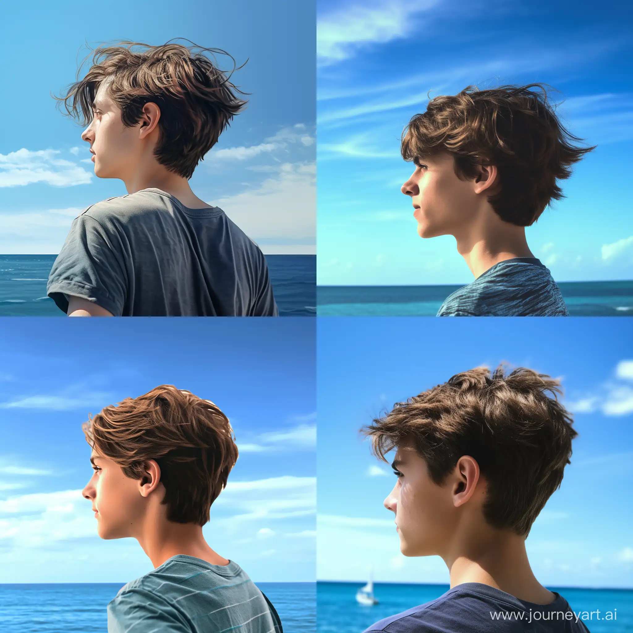A photo of a young teenager with bright brown short hair with his back facing the camera, carribean blue water and bright sky in the background, photorealistic, very detailled, realistic camera quality flaws, real life camera quality