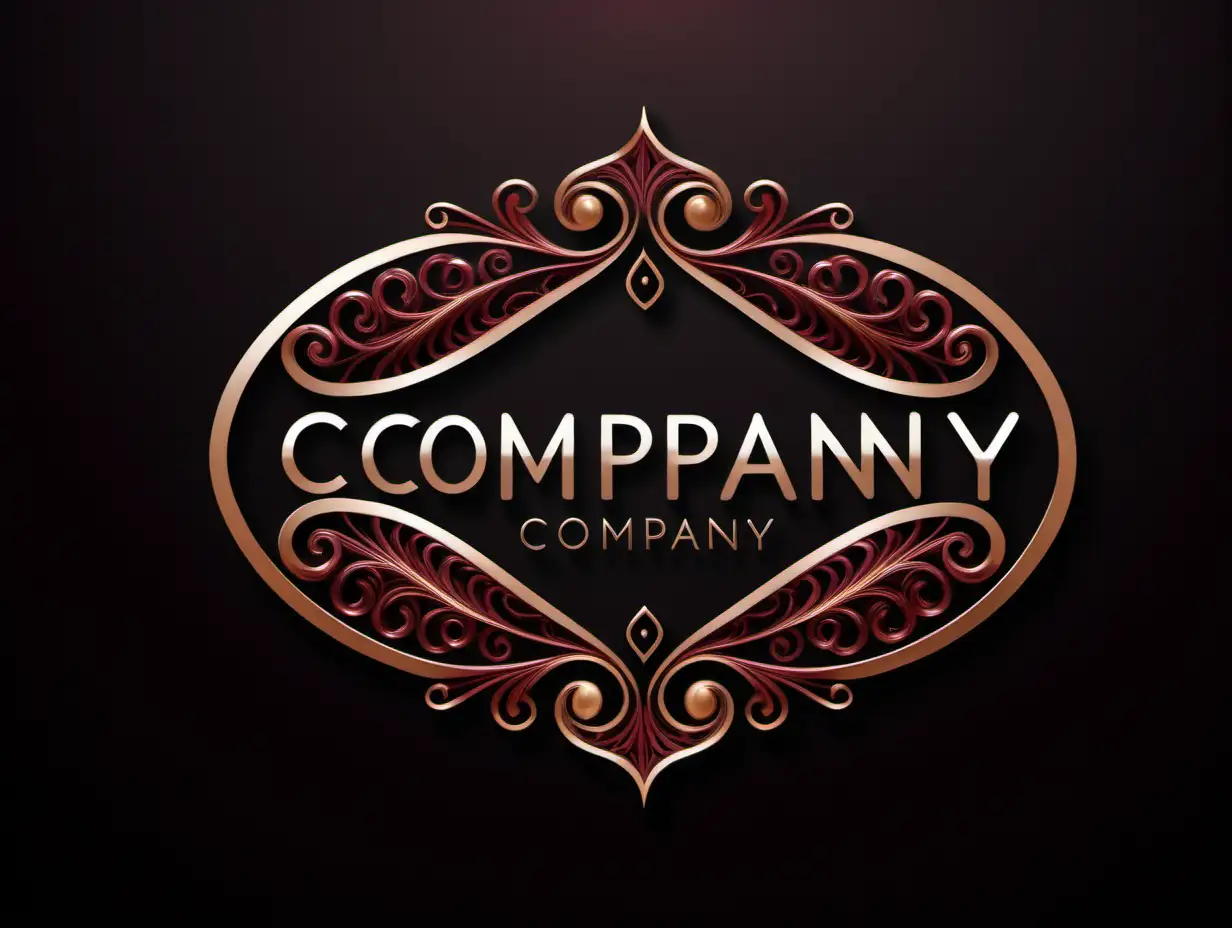 Elegant Maroon and Bronze Company Logo on Black Background with Curvy Filigree