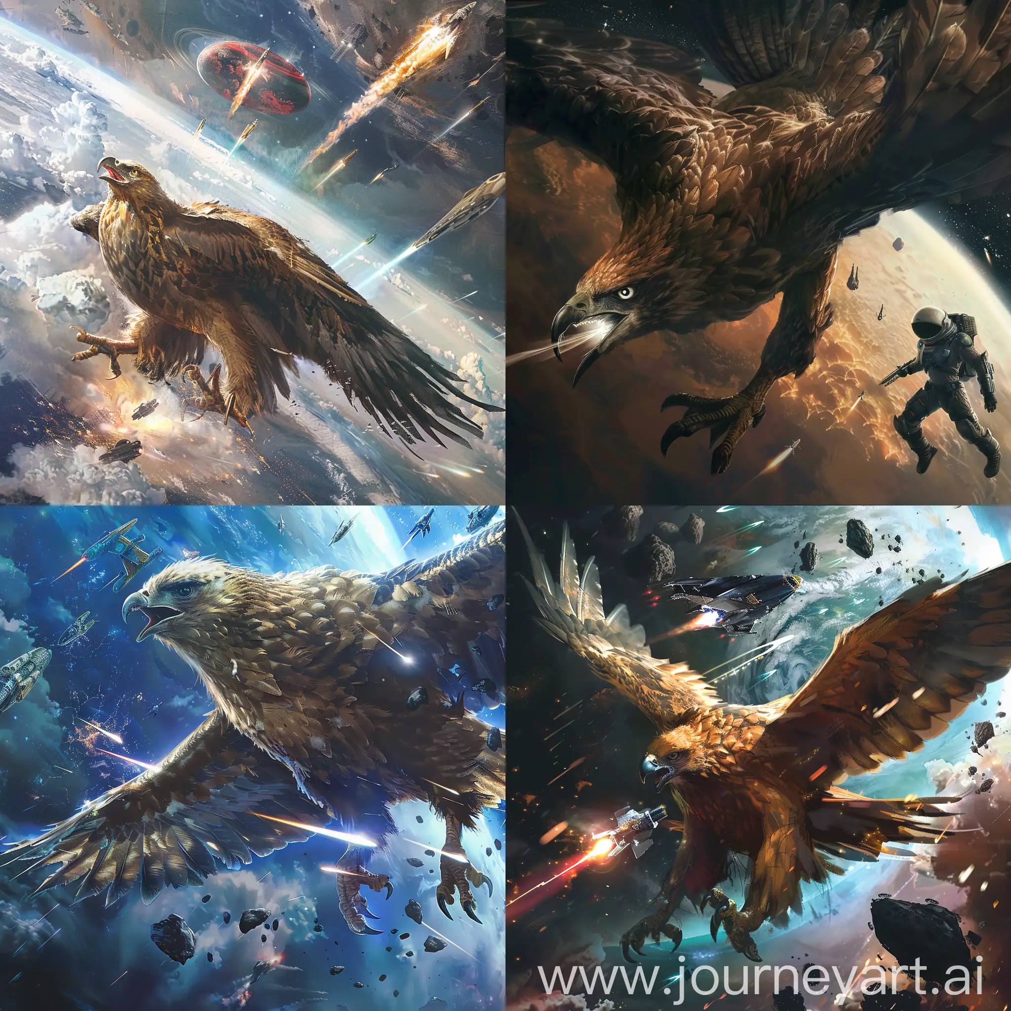 A large feathered bird of prey that fights in space with an alien race that attacks humanity