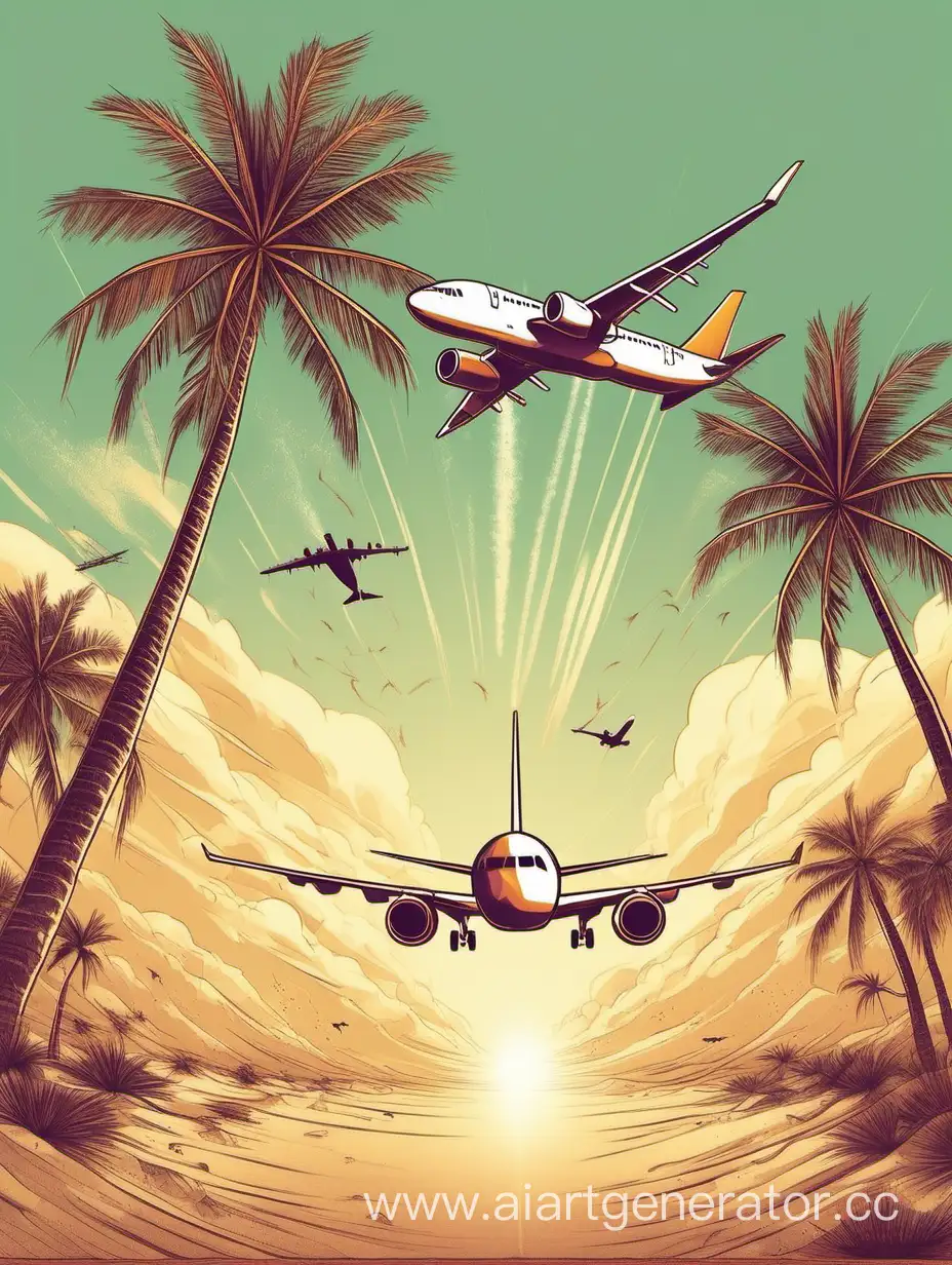 Airplane-Flying-Over-Tropical-Paradise-with-Palm-Trees