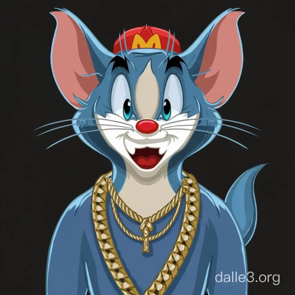 cat Tom from "Tom and Jerry," wearing diamond chains, rapper