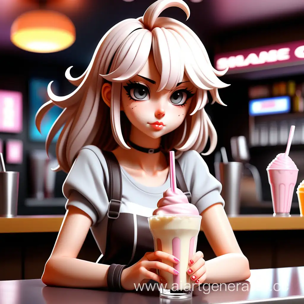 аниме девушка в модной одежде пьёт молочный коктейль за барной стойкой 