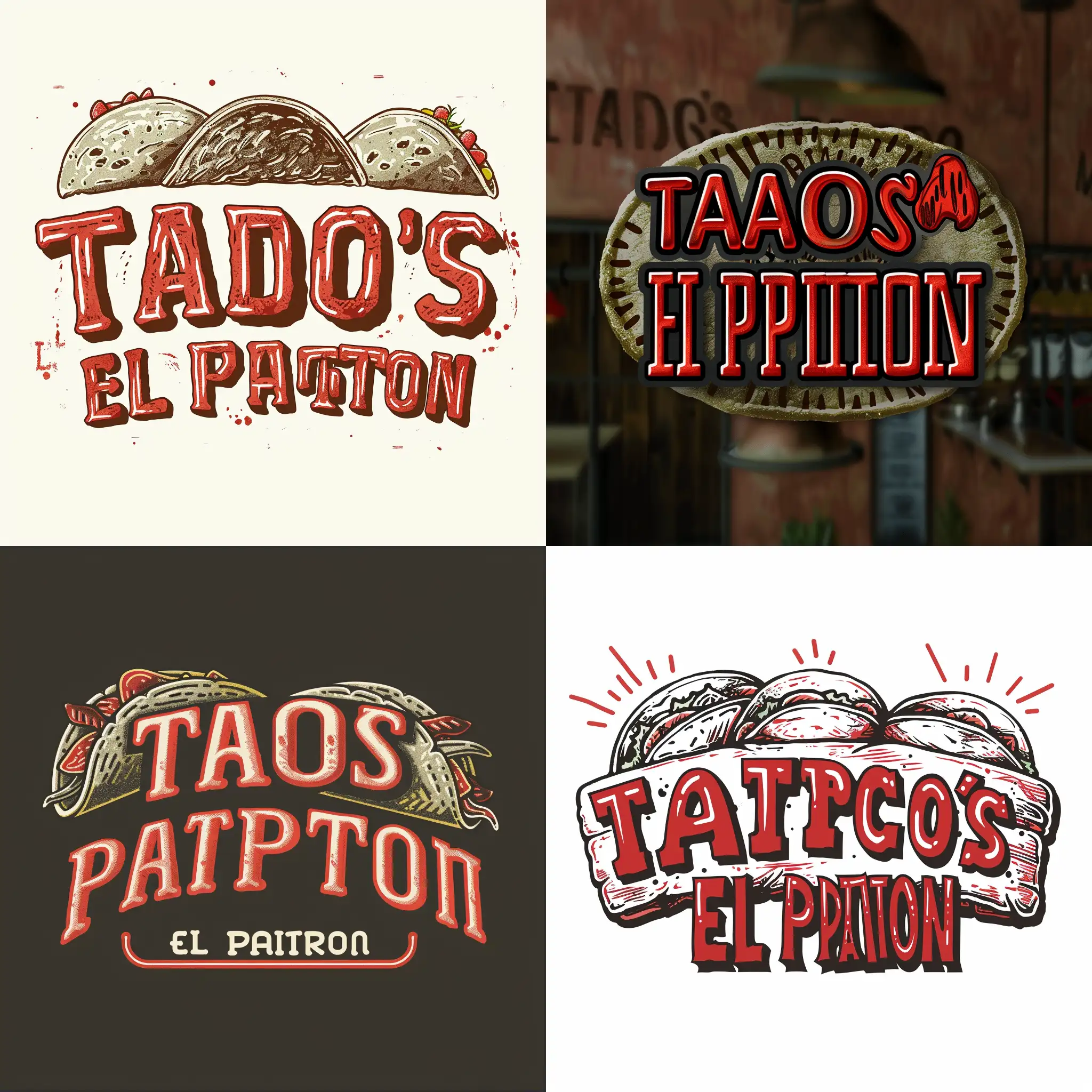 create me a Mexican-style logo with the name "TACOS EL PATRON" in red letters