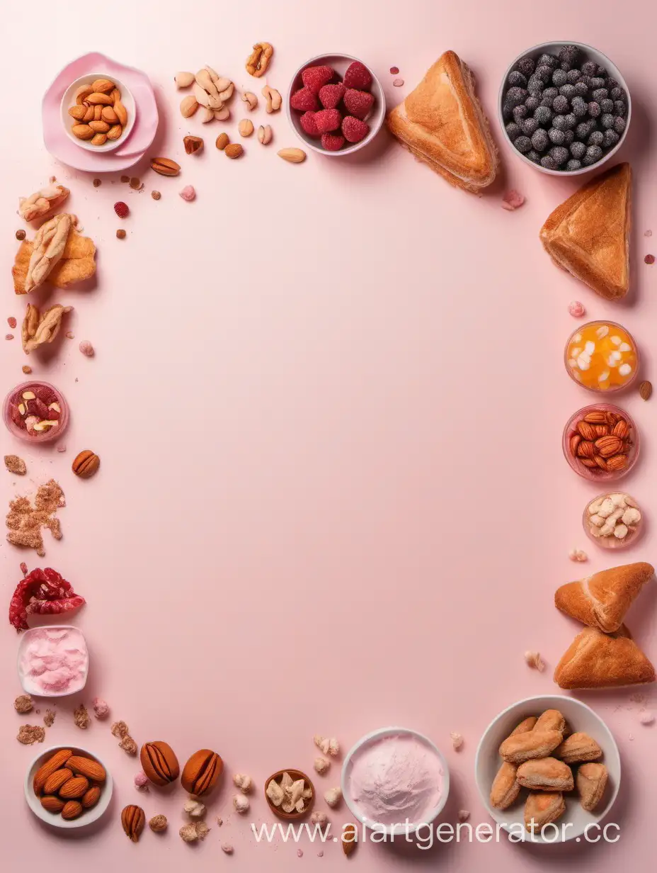 очень бледный розовый фон для меню, по центру пусто, по бокам красиво и вкусно разбросаны закуски, сэндвичи, орешки, курники, маффины, ягоды, сахарная пудра