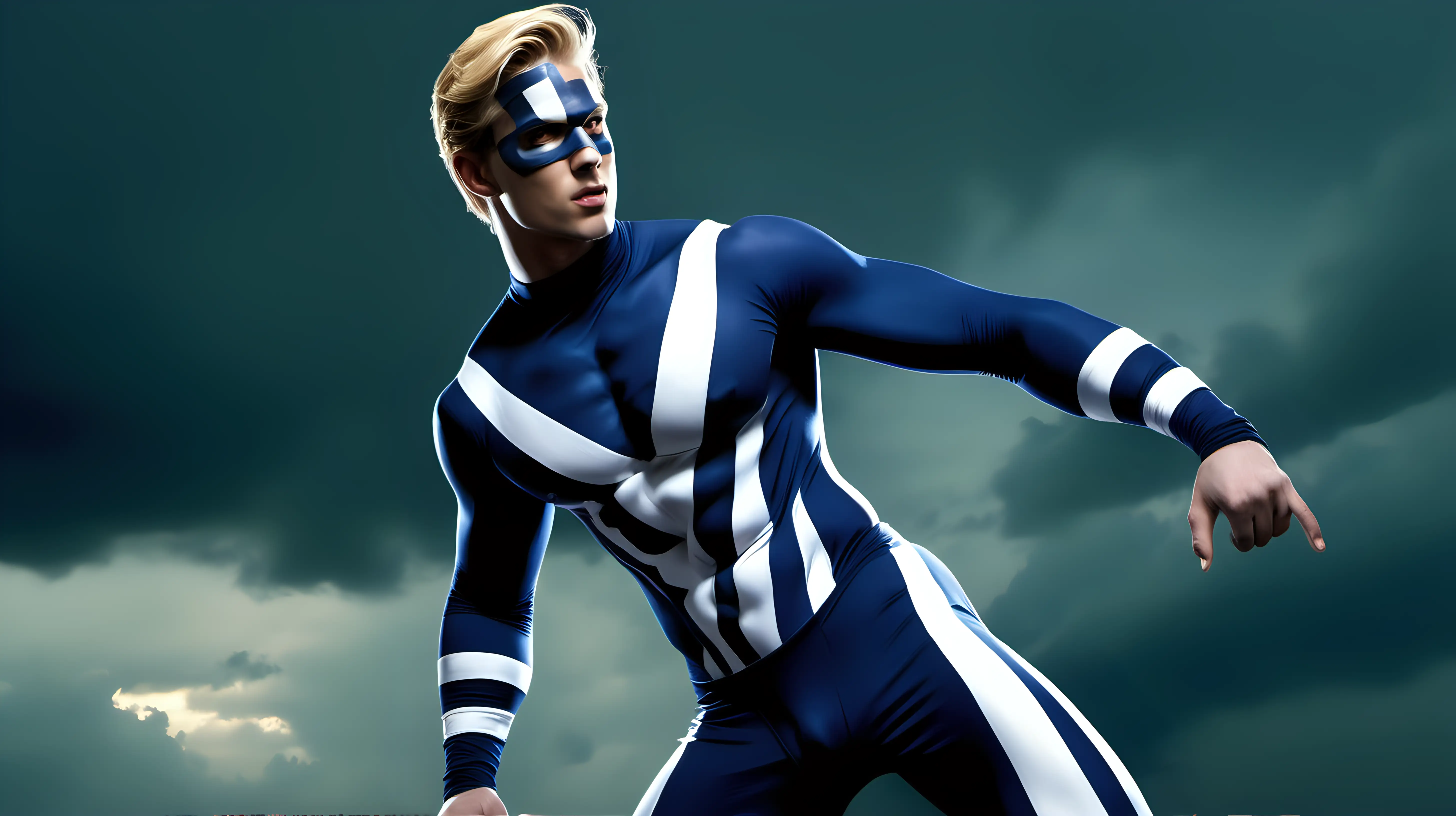 Subject: The central figure in the image is a muscular and blond young man who is dressed in a navy blue skintight costume with horizontal stripes, creating a visually striking and attention-grabbing appearance. The costume enhances the character's physique and adds a sense of dynamism to the scene.
Setting: The location is specified as Kentucky, specifically Louisville, suggesting a regional context. The choice of location can evoke a sense of familiarity or curiosity, depending on the viewer's perspective. The daytime setting adds a vibrant and energetic atmosphere to the image.
Action: The young man is captured smirking, adding a touch of attitude and personality to his character. The smirk suggests a level of confidence or mischief, creating intrigue for the viewer. The focal point of the image is the tornado being conjured, indicating a powerful and visually captivating element.
Style/Coloring: The color palette is dominated by navy blue and pacific blue, creating a cohesive and visually appealing composition. The skintight costume enhances the muscular features of the character, contributing to the overall aesthetic appeal.