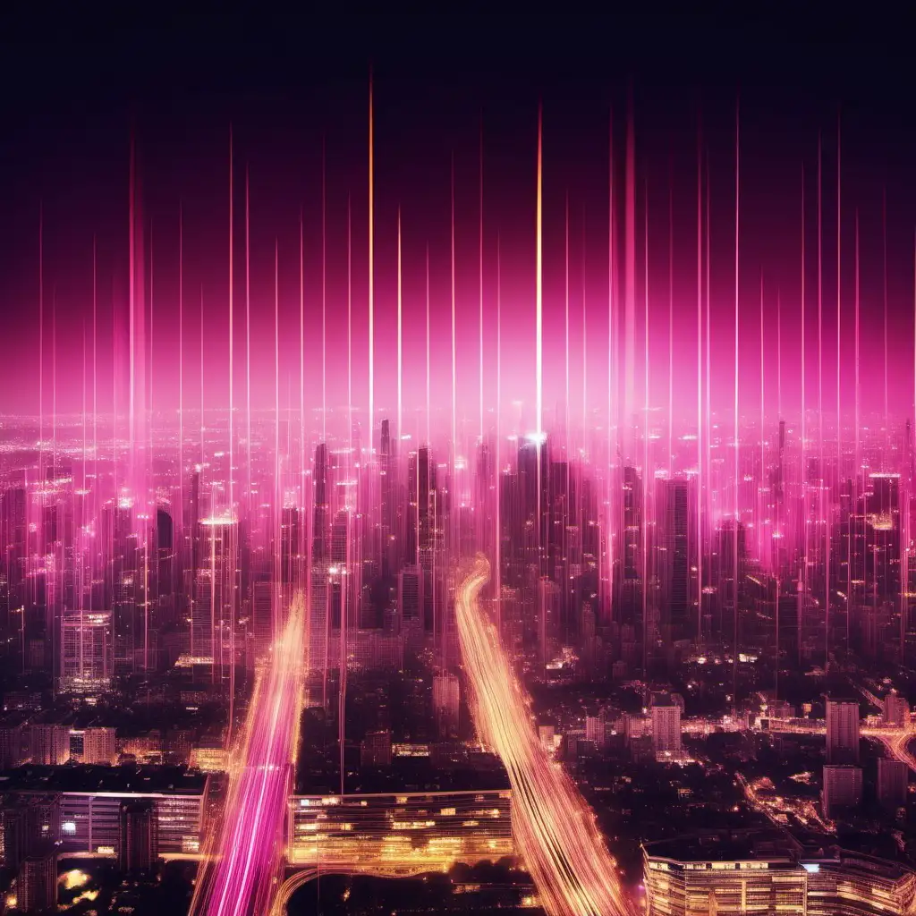 Vibrant Night Cityscape with Pink and Gold Light Streaks