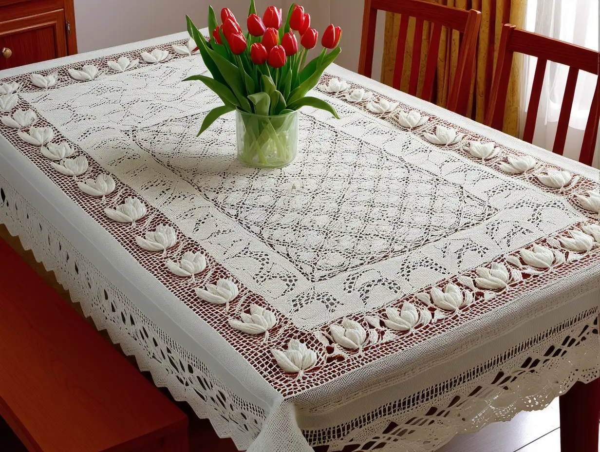 Exquisite Crocheted Rectangular Tablecloth with Embossed Tulips