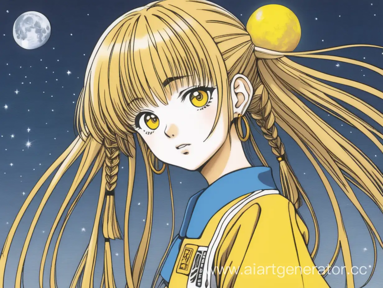 Девушка в стиле манга 2000 года. В полный рост, на лбу жёлтая луна, много заколок на волосах. 