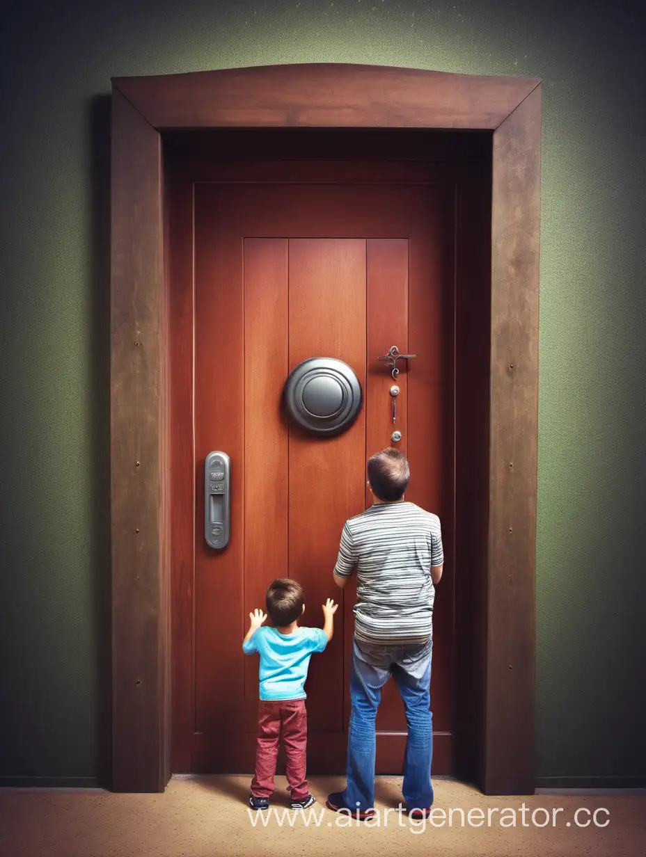man and little boy in front of magic door with one button, funny image
