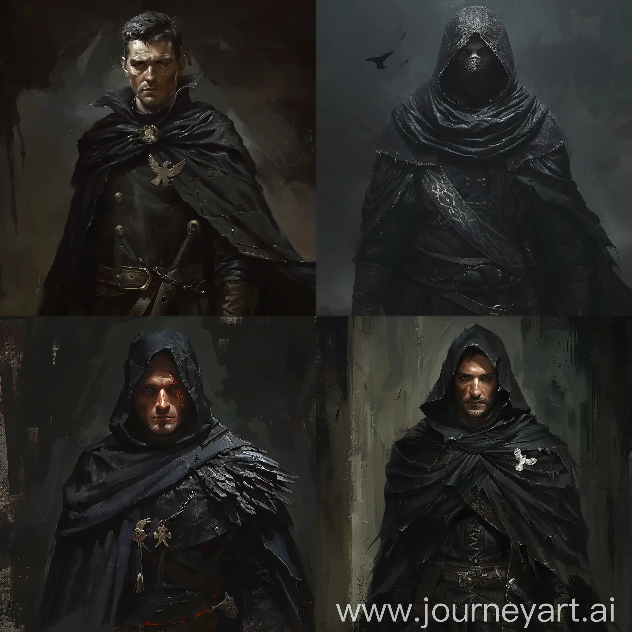 man in black,wearing a rob and has a raven symbol on his cloth.Male human DnD.Background is dark.