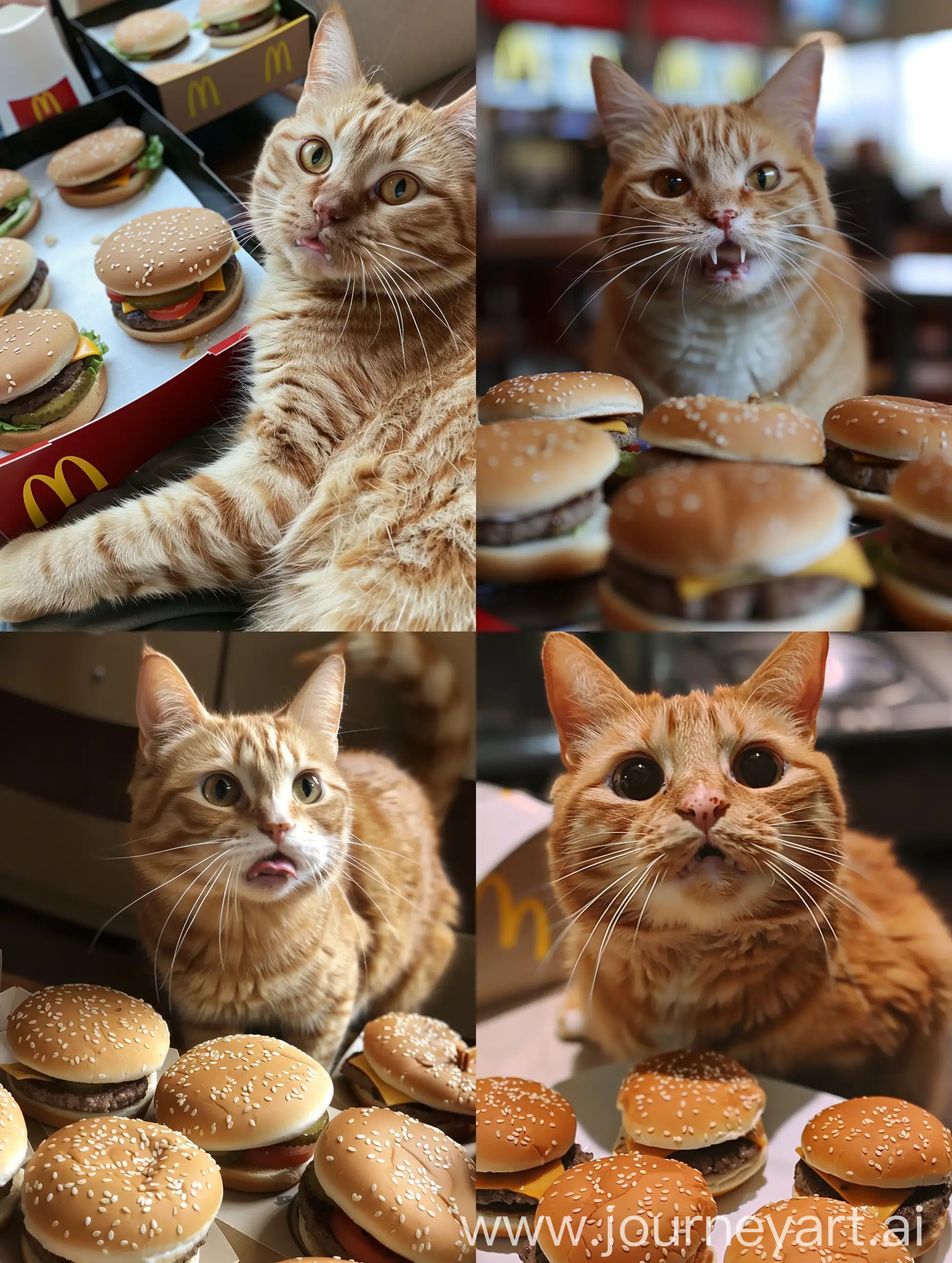 one chubby orange cat,is eating hamburgers at McDonald's，so fat,so cute, personify