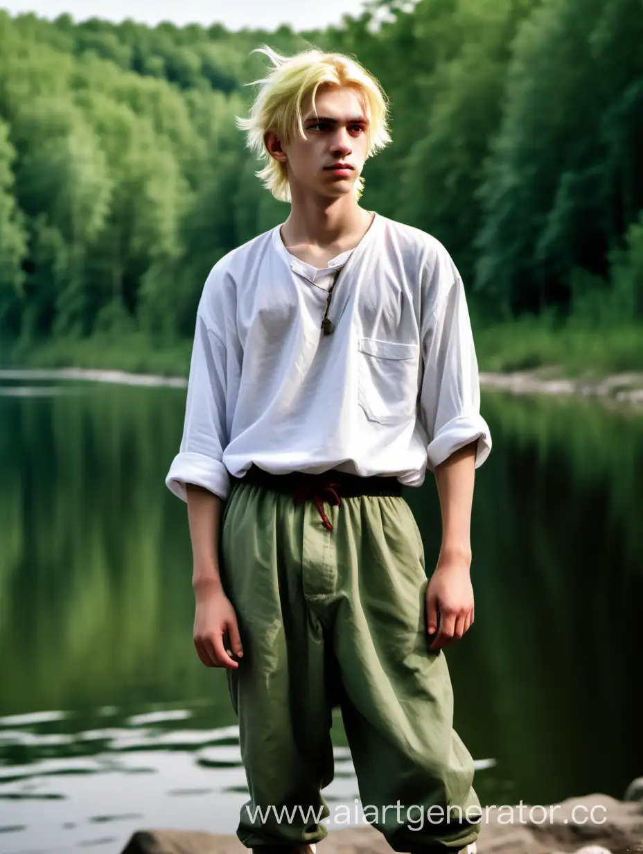 Подросток со светлой жёлтыми волосами до ушей, растрёпанный, славянин в славянской одежде стоит на берегу реки и смотрит в даль, а за ним лес. Закатанные рукава на белой рубахе. Зелёные штаны 
