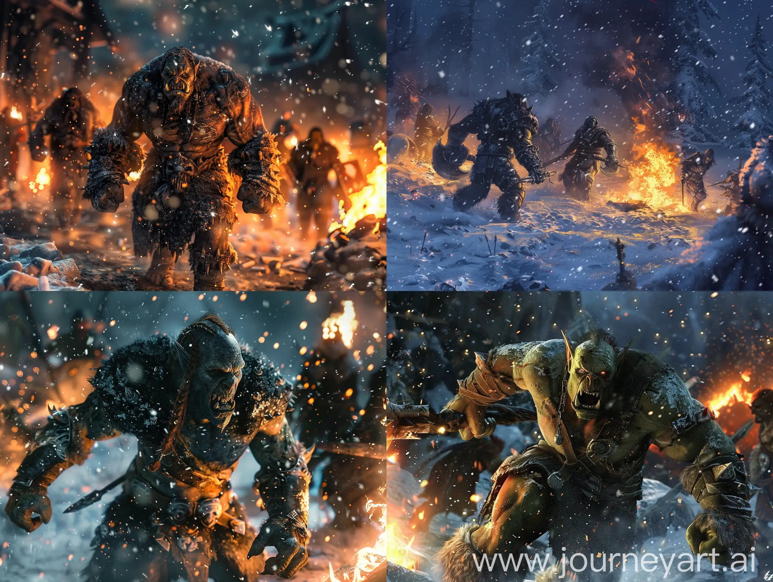 Skyrim-Orcs-Engage-in-Fiery-Night-Battle-Amidst-Snowy-Mountains