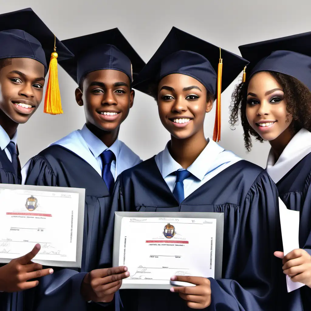 Highly detailed and hyper realistic image of a group of African American high school graduates with normal eyes and hands wearing caps and gowns and holding diplomas in their hands 