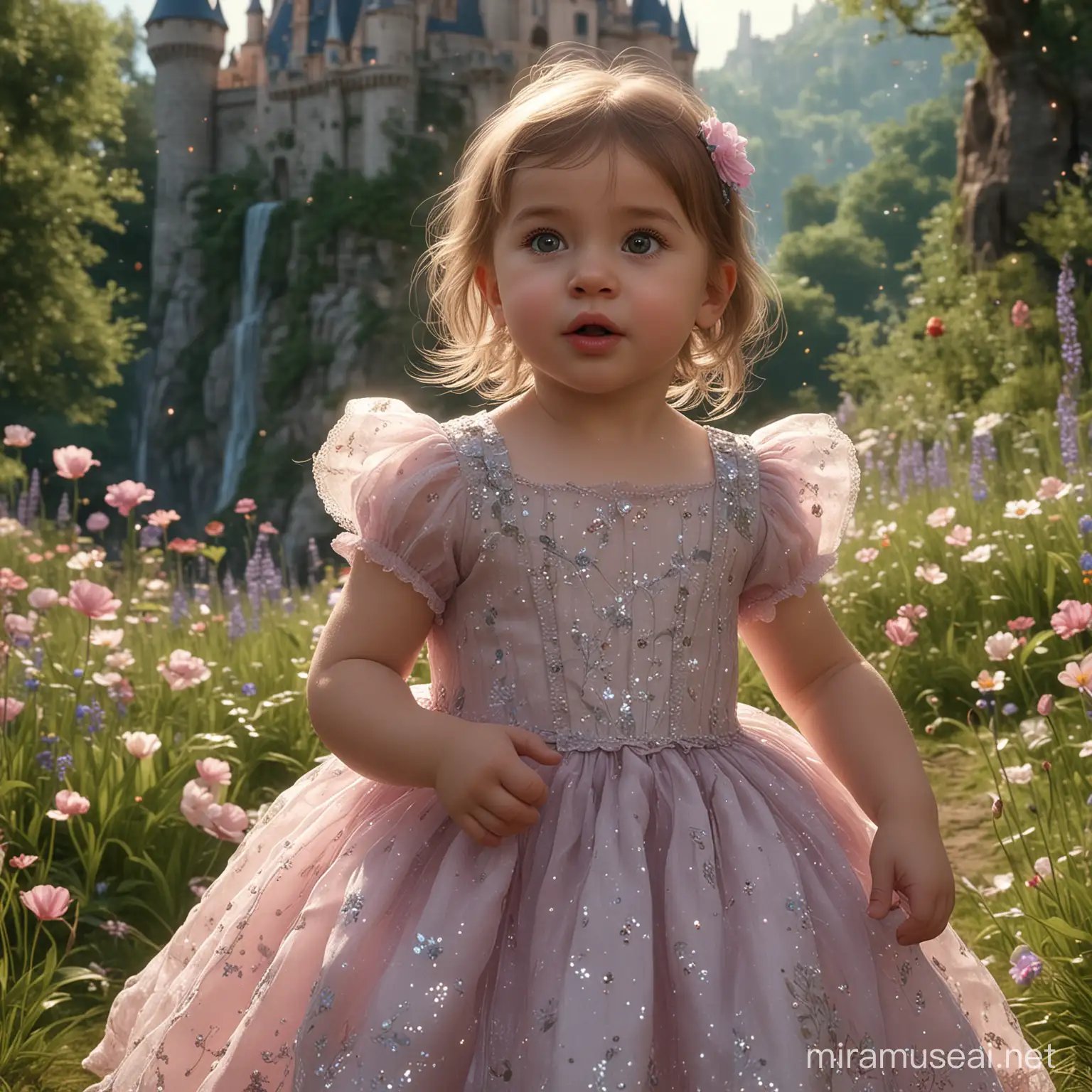 best quality,4k,8k,highres,masterpiece:1.2), ultra-detailed, (realistic,photorealistic,photo-realistic:1.37), cute 2-year-old girl, in a magical delicate dress, (in front of a fairytale forest with a castle and flowers), Alex Grace, adorable pouty lips, innocent gaze, digital art, sparkle