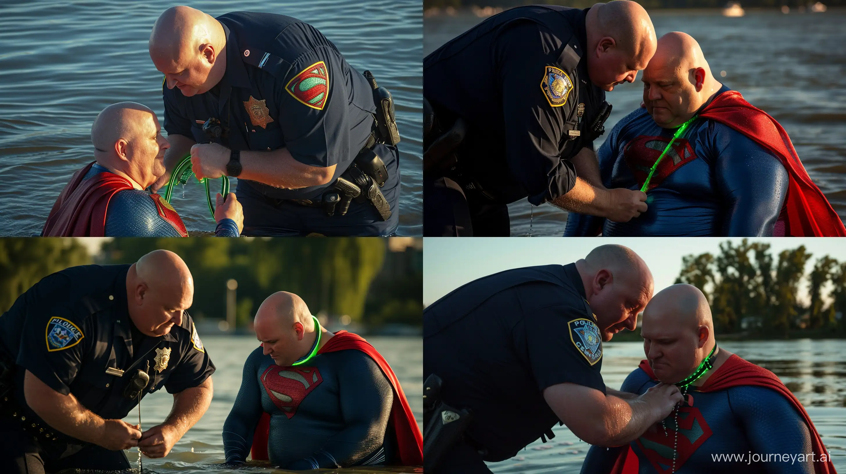 Close-up photo of a chubby man aged 60 wearing silky navy blue police uniform, bending over and tightening a green glowing small short dog collar on the neck of another chubby man aged 60 sitting in the water and wearing a silky navy blue superman costume with a large red cape. Outside. Bald. Clean Shaven. --style raw --ar 16:9 --v 6
