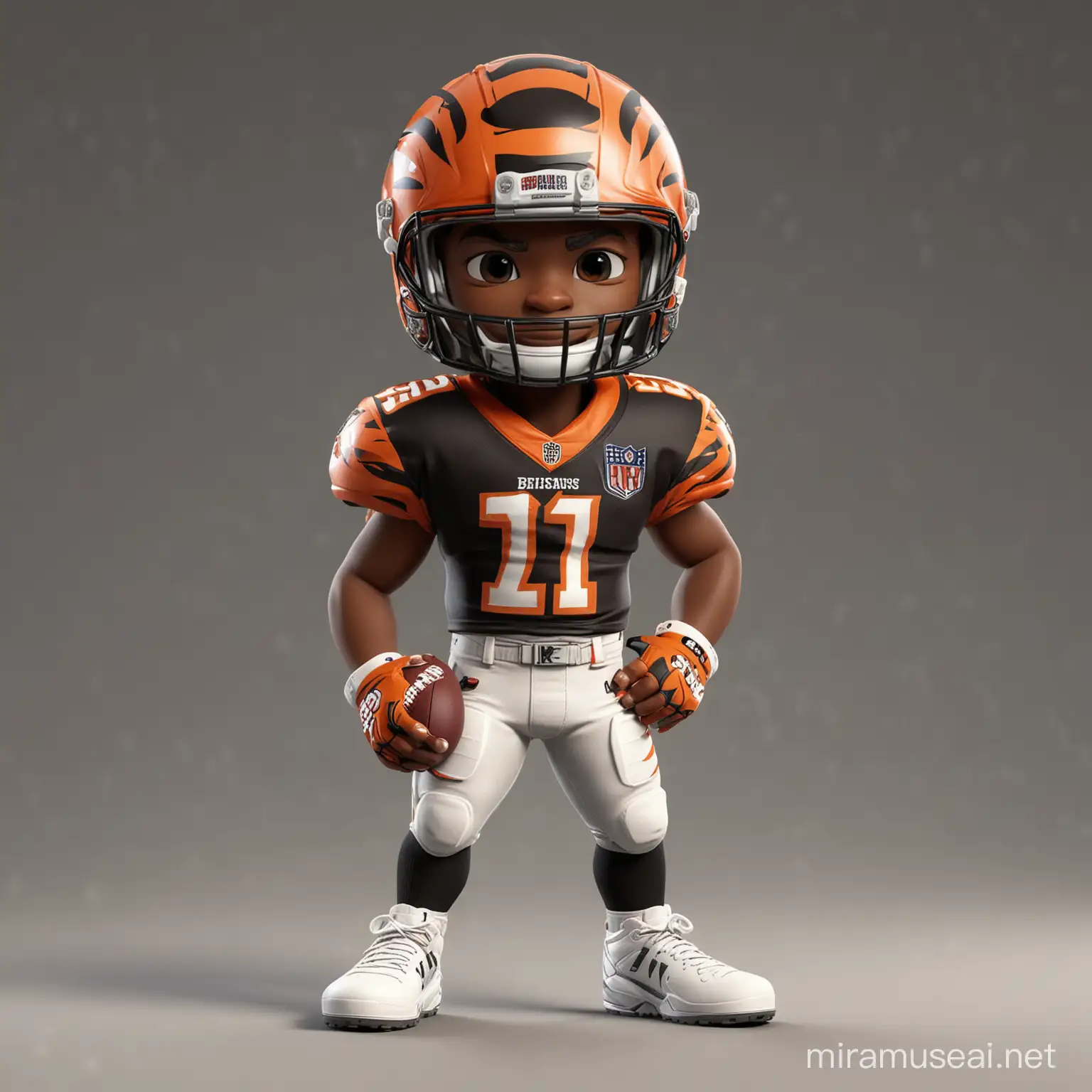 a cute 3d rendered nfl player looks like ja'marr chase, wearing american football helmet and cinnicati bengals kit, standing pose, cartoon style