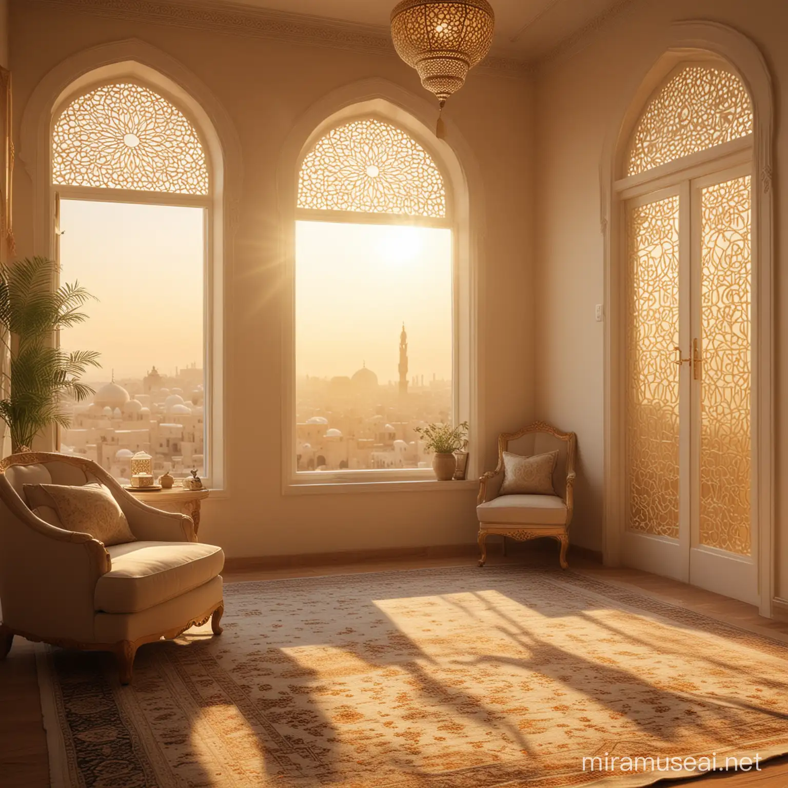 Generate an image of an Eid al-Fitr morning. The soft golden light fills the room as dawn breaks outside. Show a sense of peace, with subtle hints of Eid decorations in the background. Detail room with a lot of sunlight, peace and serenity