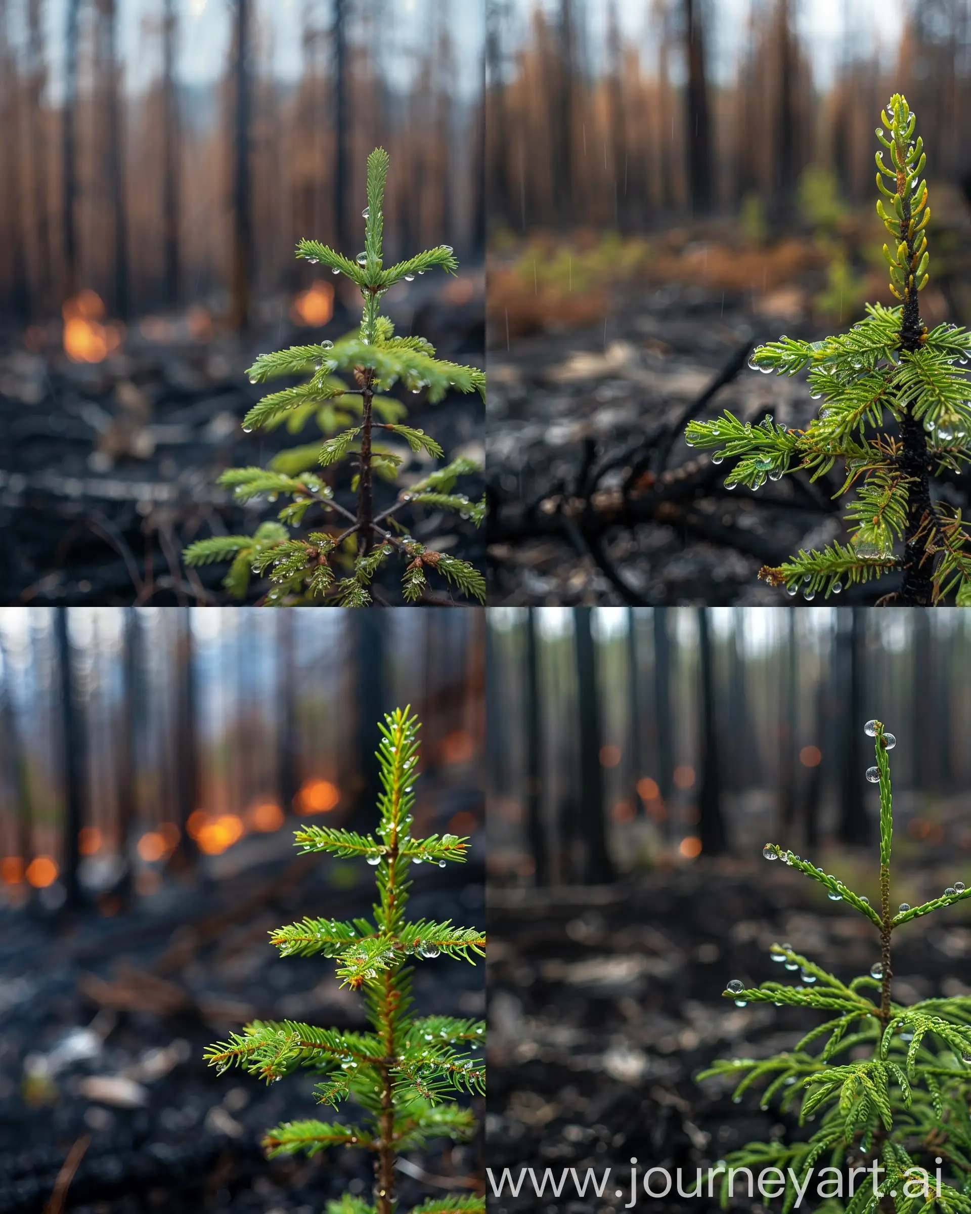 CloseUp-of-Dewy-Green-Sapling-Against-Burned-Forest-Background