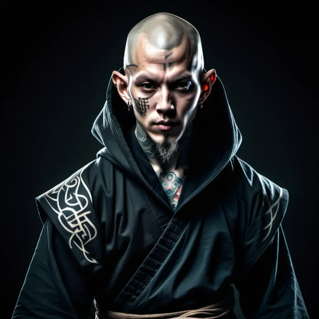 thin, half-elf, light skinned monk in hooded robes. shaved head with tattoos. deep swirling shadows surround him. wearing a ninja mask
