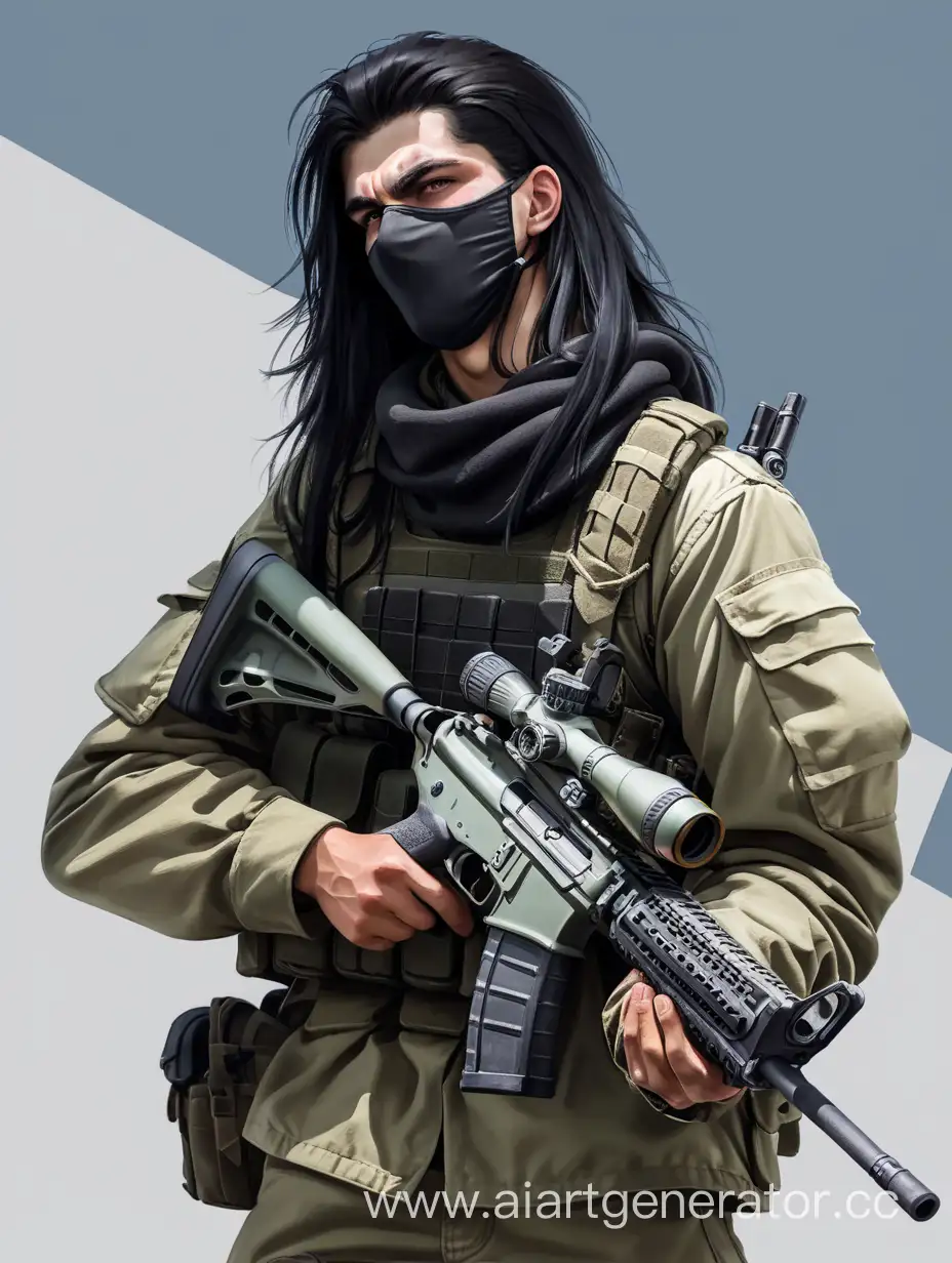 персонаж, молодой парень военный, украинец, маска на лице и шее, длинные черные волосы, снайперская винтовка