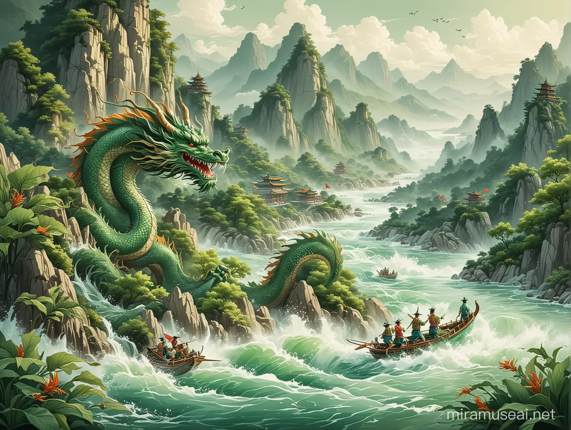 插图设计，国潮风格的插图，一条中国龙在层层叠叠的山峦中，在河边，赛龙舟，赛龙舟绿色调，水流，令人愉快