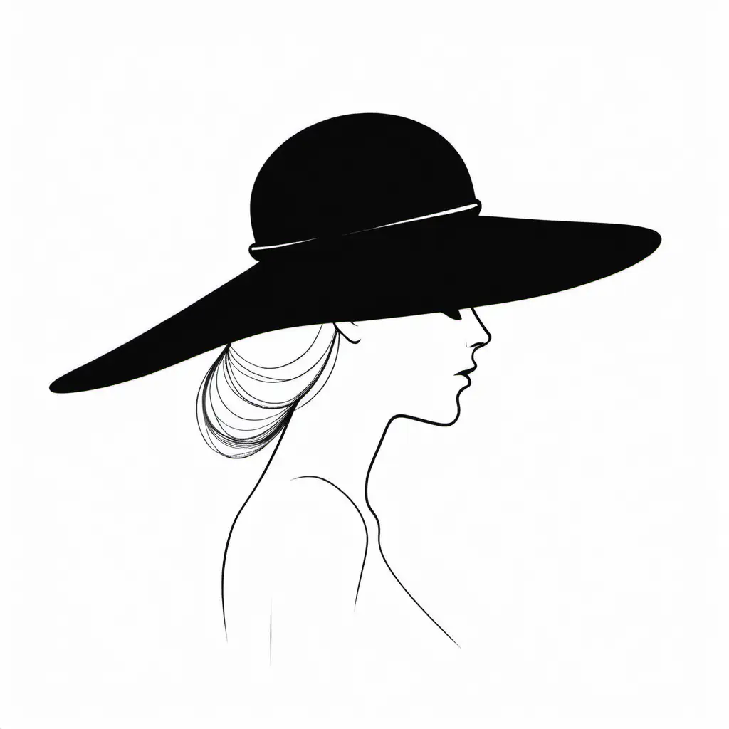 силуэт  головы в большой шляпе , без волос и лица, черно белая картинка нарисованная одной линией вид с боку
