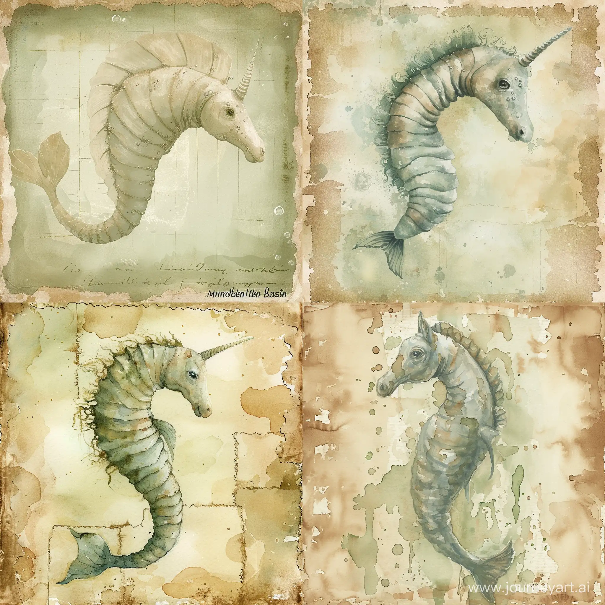 sea horse, on vintage paper background, watercolor illustration by Marjolein Bastin, shades of beige and green, high quality