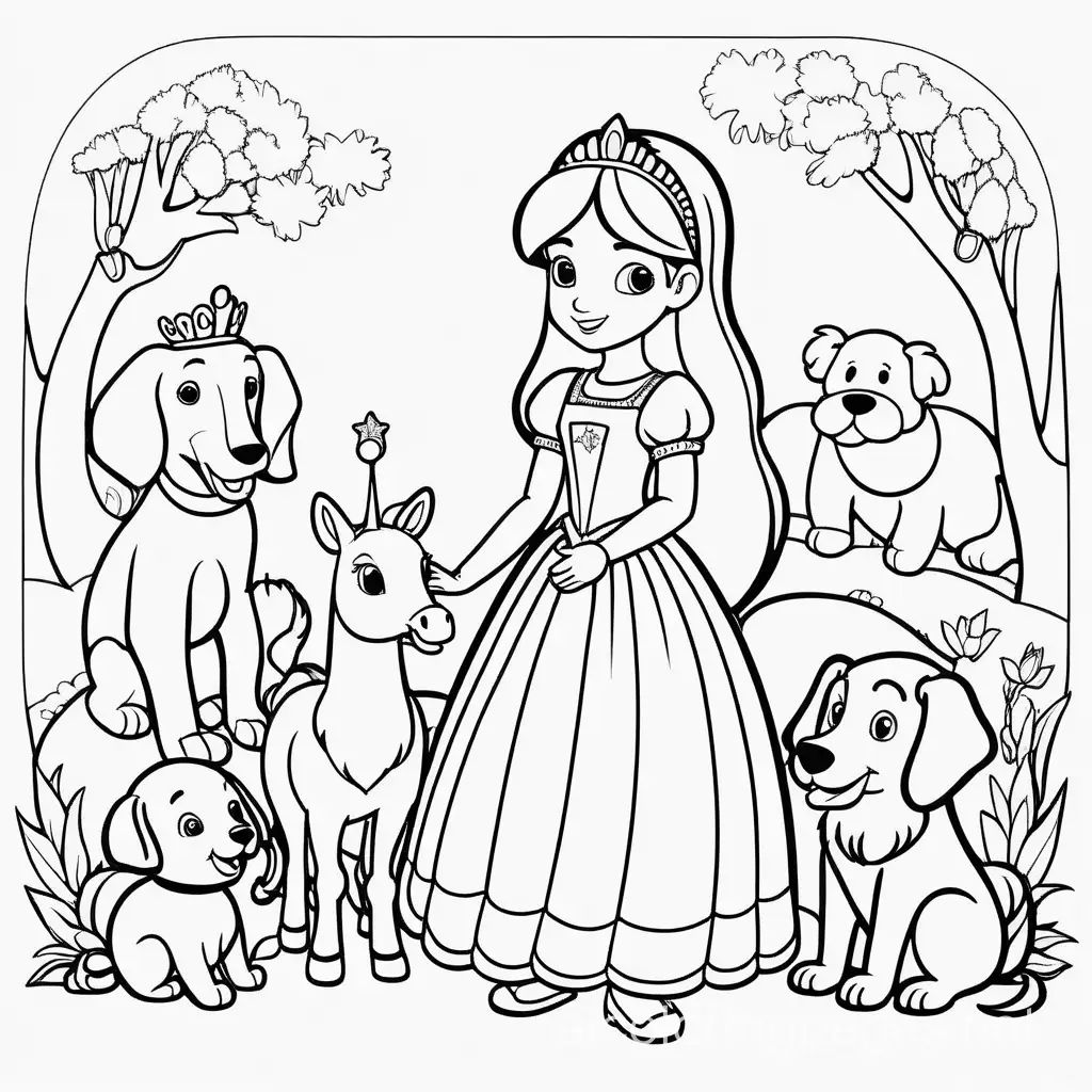 """
A princess and animals, Coloring Page, black and white, line art, white background, Simplicity, Ample White Space. The background of the coloring page is plain white to make it easy for young children to color within the lines. The outlines of all the subjects are easy to distinguish, making it simple for kids to color without too much difficulty, Coloring Page, black and white, line art, white background, Simplicity, Ample White Space. The background of the coloring page is plain white to make it easy for young children to color within the lines. The outlines of all the subjects are easy to distinguish, making it simple for kids to color without too much difficulty
"""