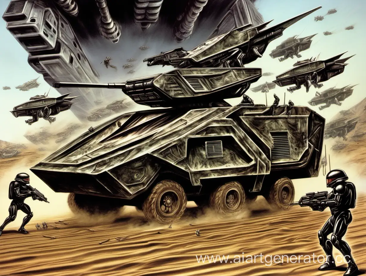 Starship Troopers on a armored personnel carrier against alien bags