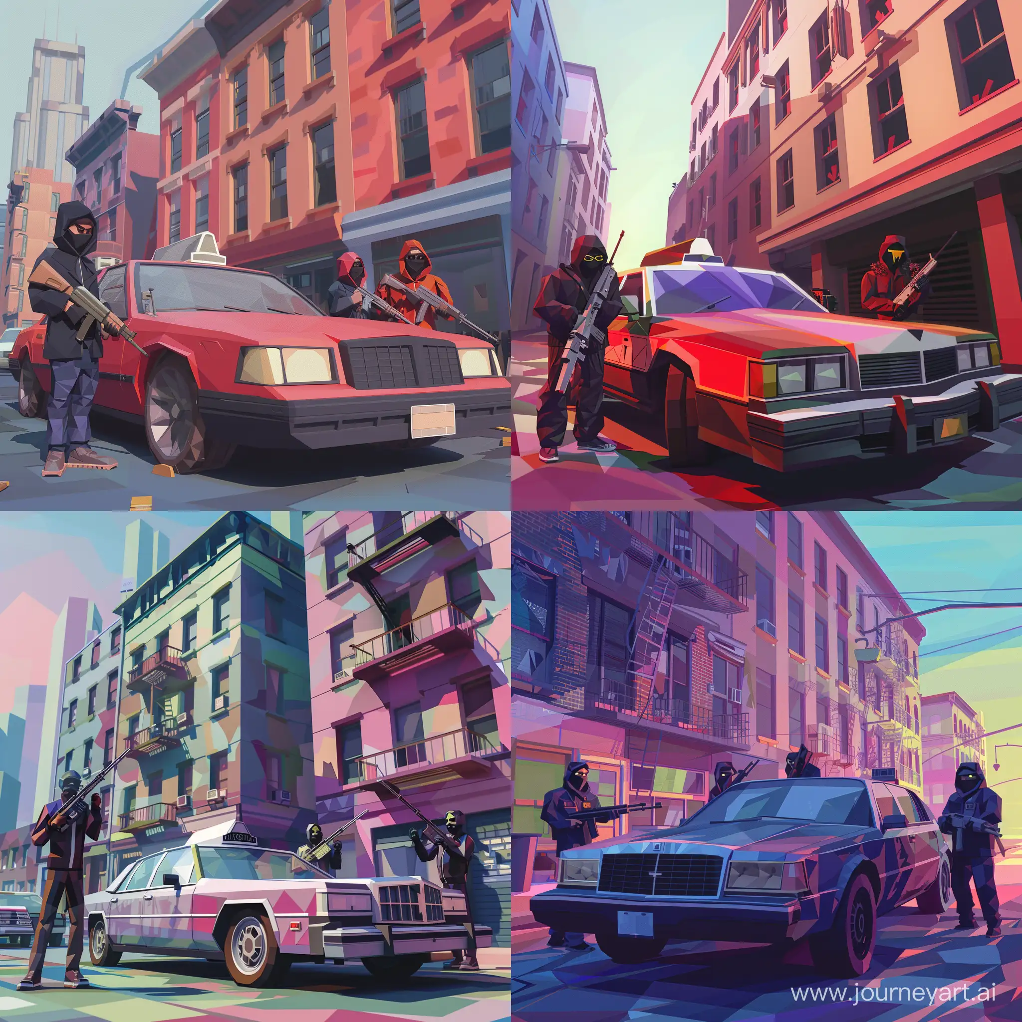 Концепт-арт компьютерной игры. Low Poly, Город New York 90х годов. Бандиты с оружием стоят у дорогого ретро автомобиля премиум-класса. Гетто.