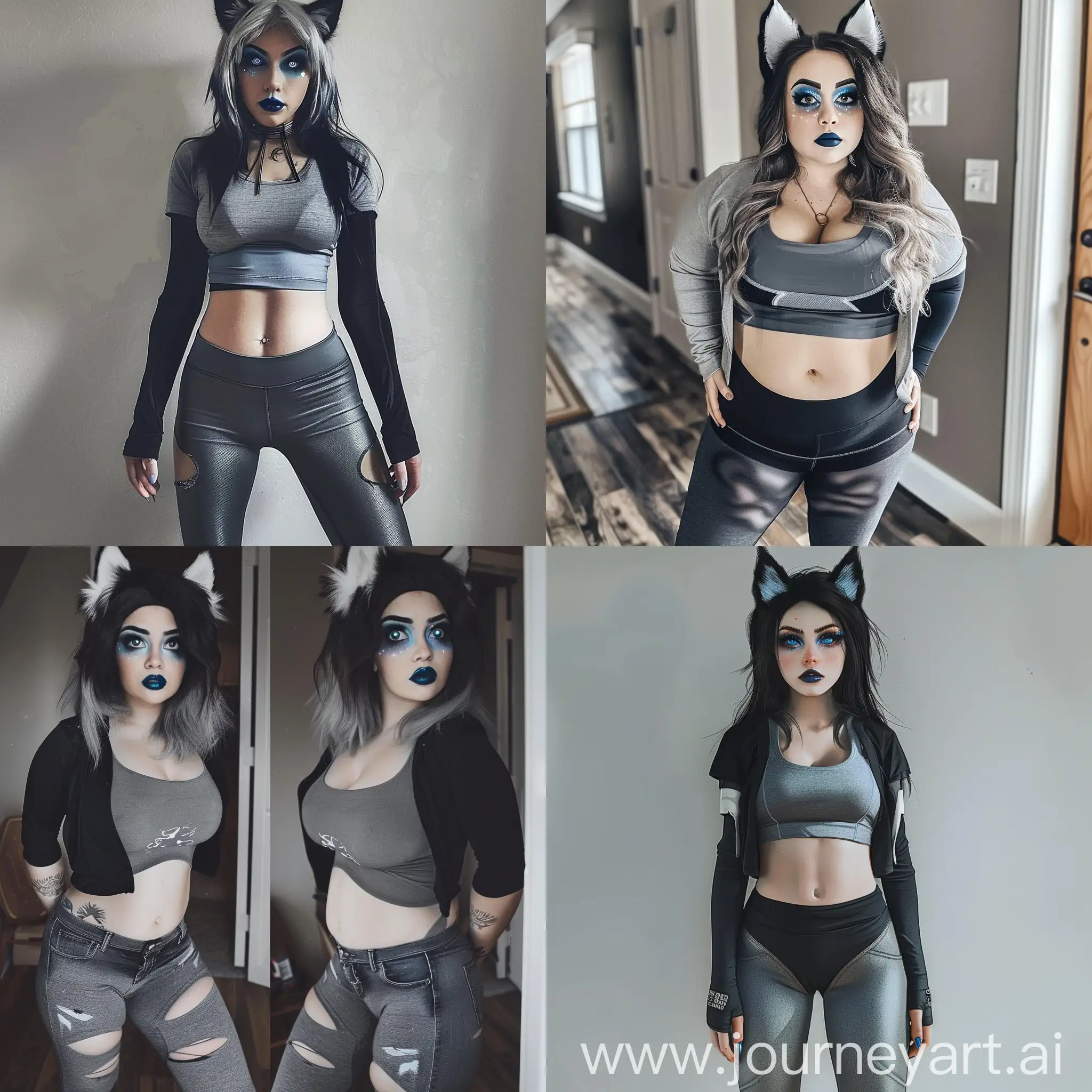 Girl in her 30s, slim waist, thunder thighs, round chest, short jeans, matte leggings, tight compression shirt with a gray crop top, long black wolfcut with white edges, galaxy eyes, dark blue lip stick