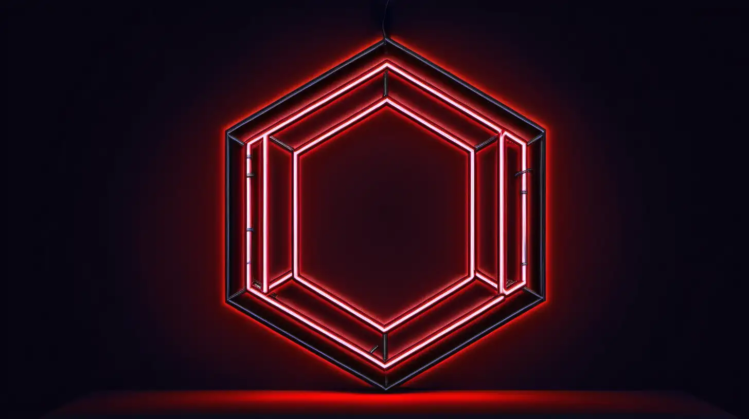 Vibrant Red Neon Hexagon Glowing in Dark Futuristic Environment