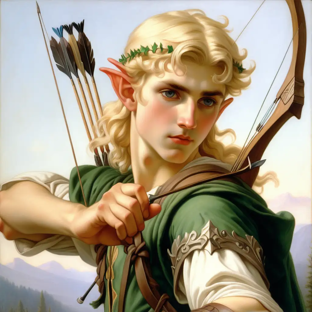 Ethereal Elf Archer by Bouguereau Enchanting Portrait of a Youthful Bowwielding Elf