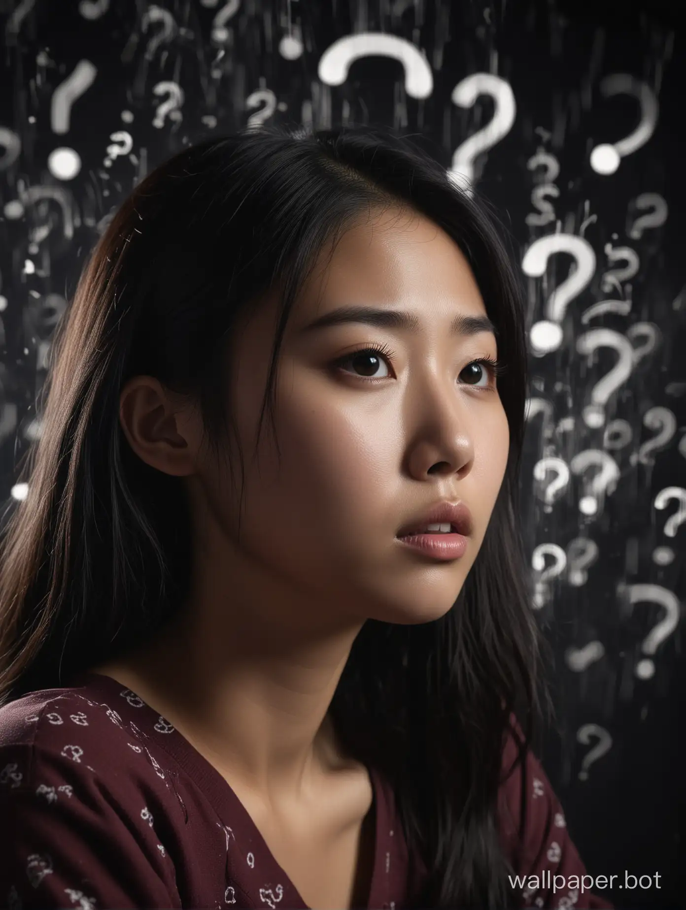 A 21 year old asian female in deep thought, cinematic, dark, with question marks swirling in the background